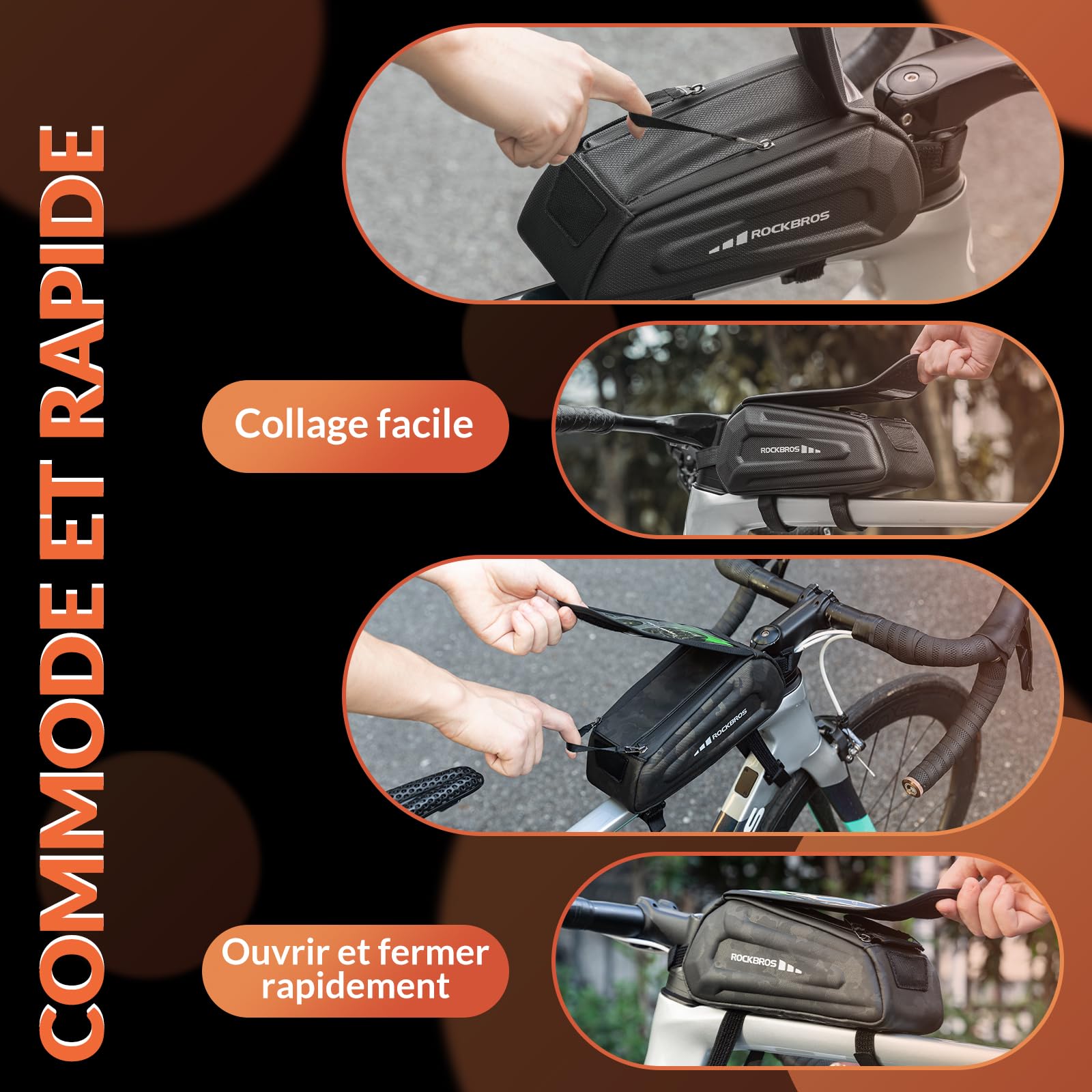 ROCKBROS Sacoche Cadre Vélo Téléphone 6,7" Étanche 1,7L Noir | Pochette Smartphone Vélo avec Écran Tactile, Sacoche VTT Double Zip Portable pour iPhone Android, Route et Cyclisme