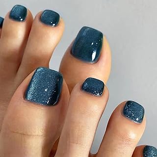 MISUD Press on Toenails - Fake Toe Nails with Blue, Acrylic Toenail Cat Eye Design 24 pcs
