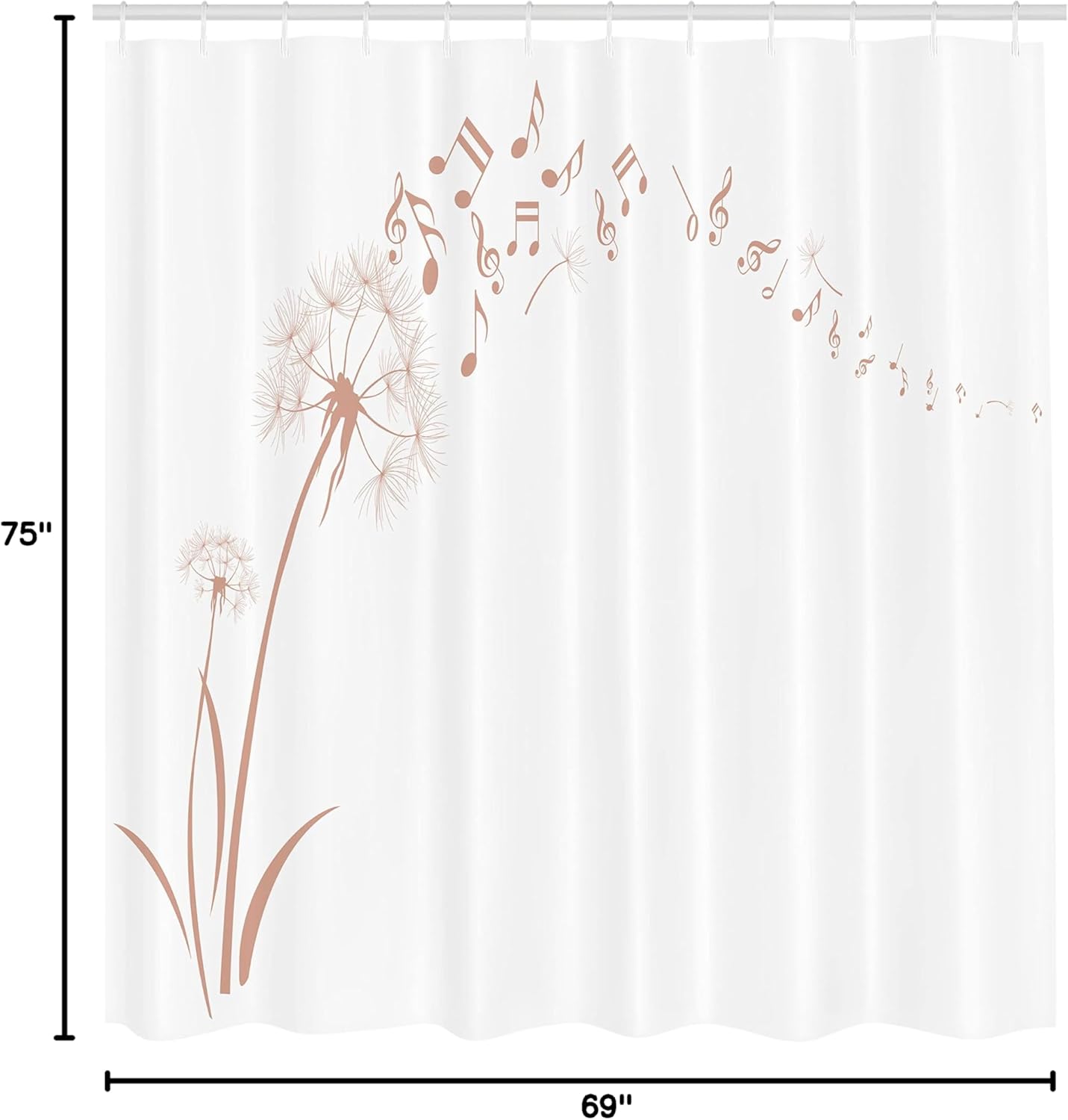Ambesonne Music Shower Curtain, Flying Dandelions Notes Summer Spring Meadow Silhouette Softness Simple Print, Cloth Fabric Bathroom Decor Set with Hooks, 69" W x 75" L, Peach
