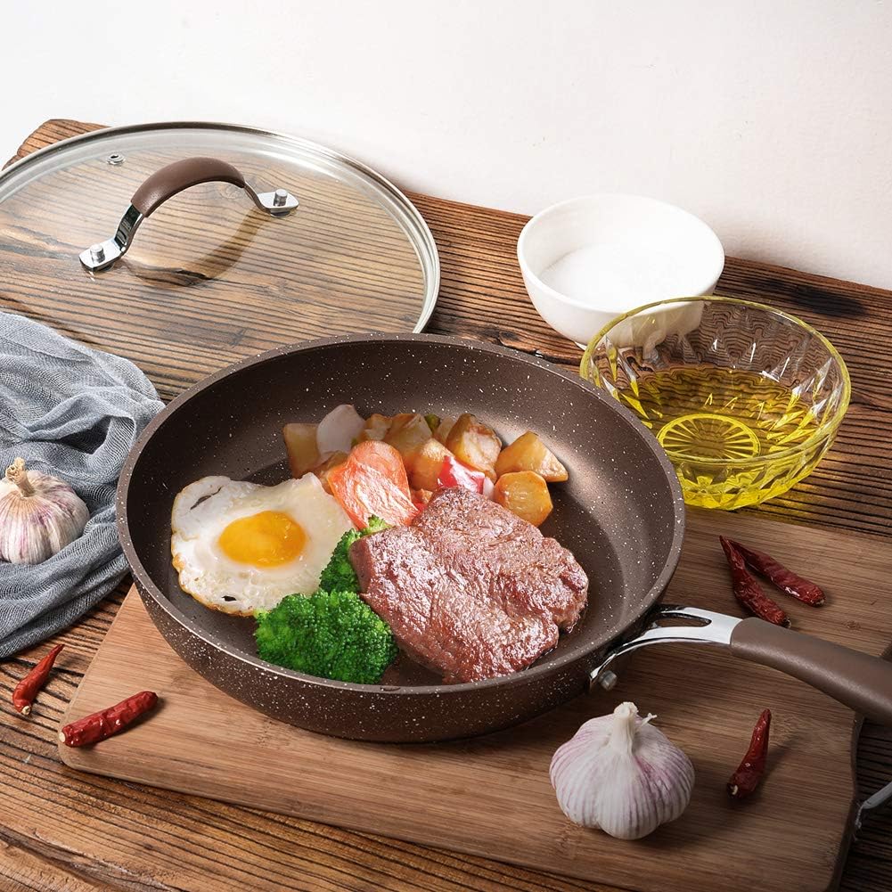 MOKIKA Nonstick Frying Pan with Lid, Best Nonstick Omelette Skillet, Stone Coating Cooking Pan, Dishwasher Safe, Induction Compatible (9.5inch): Home & Kitchen