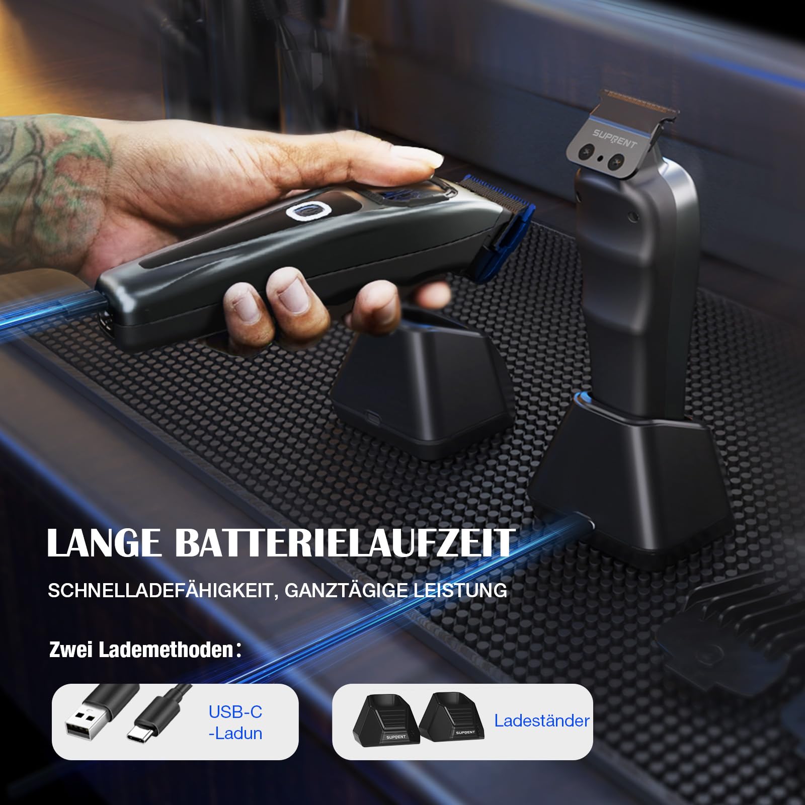 SUPRENT Haarschneidemaschine Herren Profi Titanbeschichtete Fade-Klinge Einstellbares Zero-Gap T-Blade 5 Längenstufen 2500mAh Akku Typ-C Ladestation