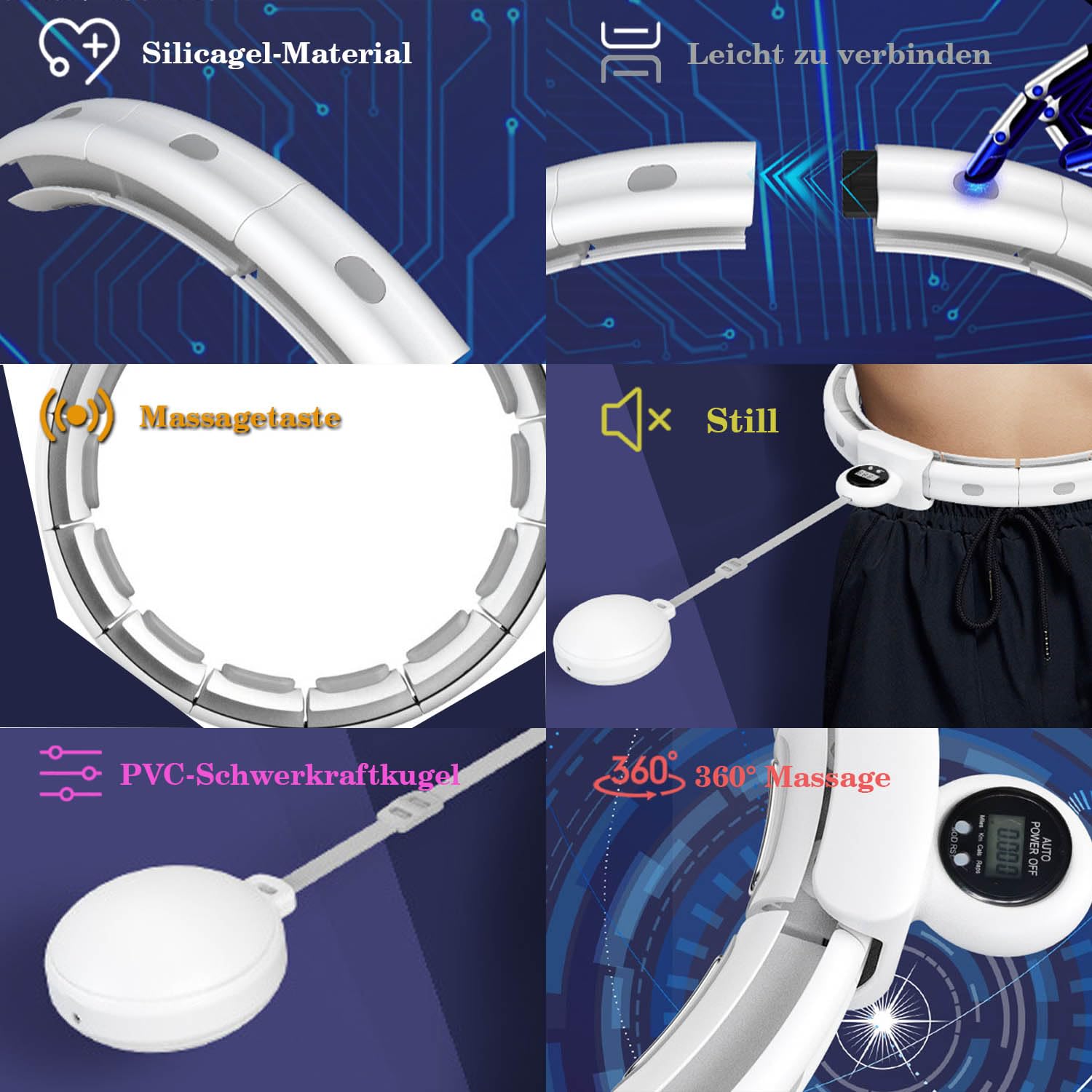 Smart Quiet Hula Hoop for Adults, Skin Clothing, 20 Elements, Adjustable, XXXL, 148 cm Size, Weight Loss, Fitness Hoop with Intelligent Counting (White