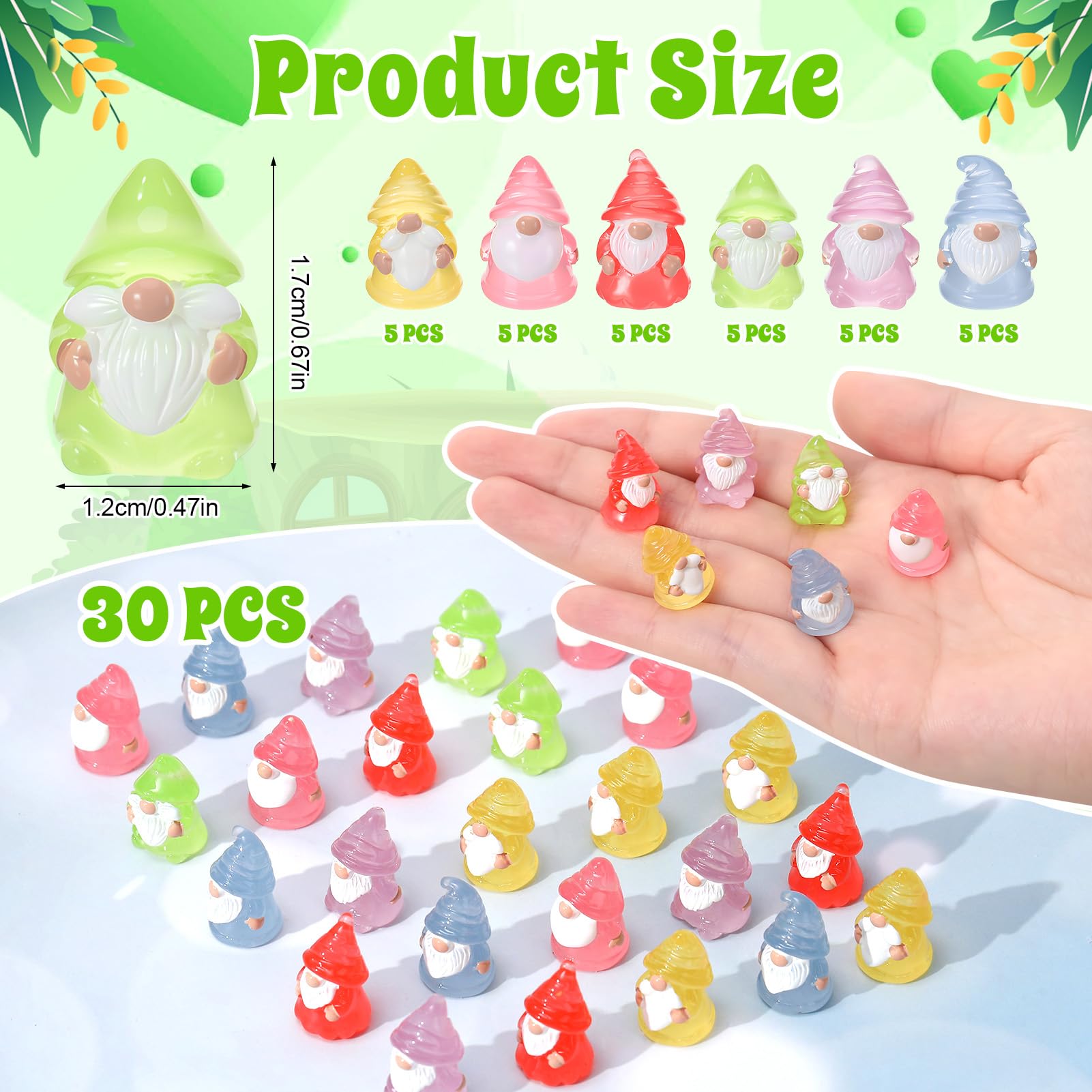 GSrenyu 30 Pcs Mini Gnomes Figurines Luminous Resin Gnomes 6 Colors Mini Resin Figures Garden Gnome Miniature Figurines for Garden Landscape Dollhouse Patio Yard Lawn Potted Decor - Image 2