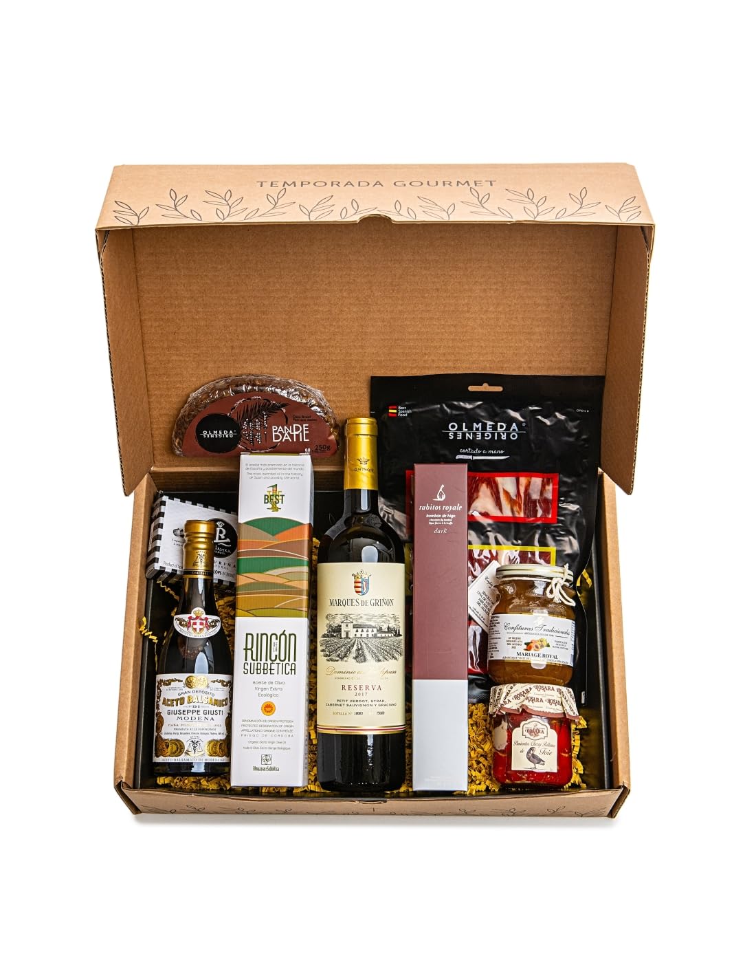 Cesta Gourmet Regalo OLIVA ELITE - Jamón de Bellota, Balsámico de Módena, Rincón de la Subbética, conservas y dulces nacionales e internacionales
