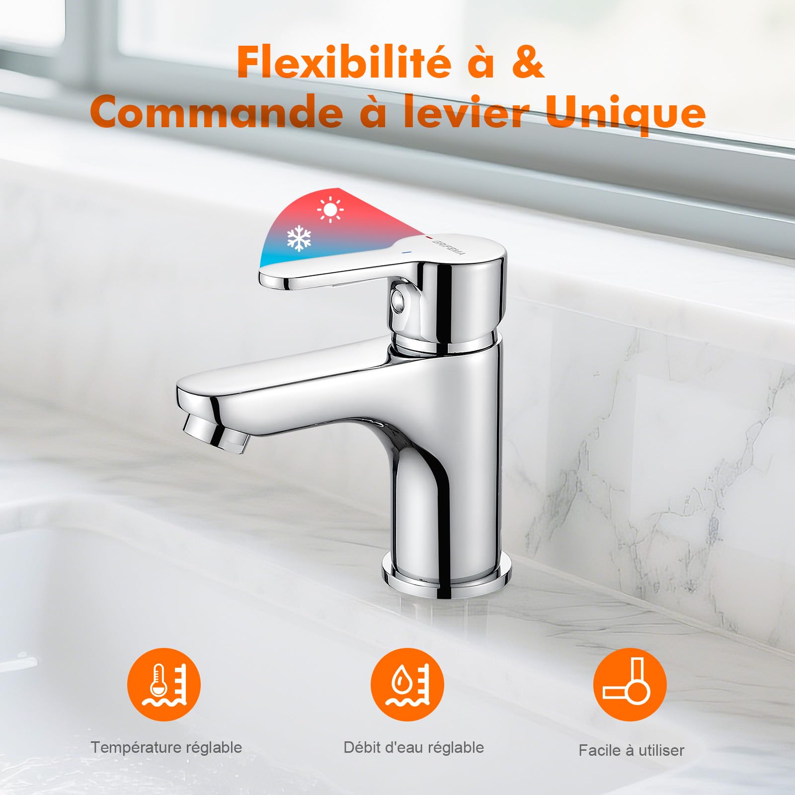 GRIFEMA G11003 Mitigeur Lavabo Laiton Chromé, 74 mm | Eau chaude et froide, cartouche céramique, aérateur ABS, raccord G3/8 et deux flexibles de 40 cm