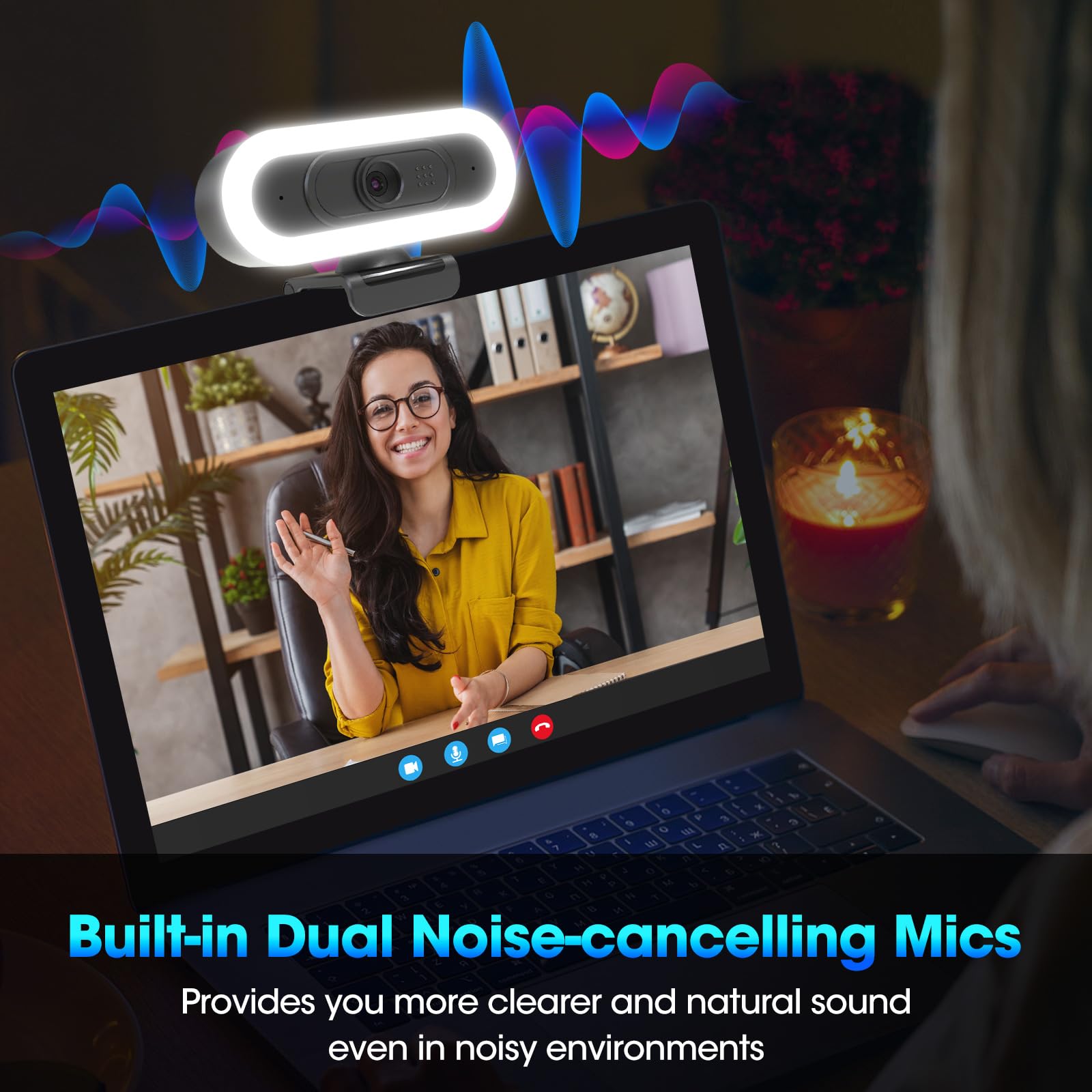 ToLuLu Cámara web RGB LED 2K 50FPS con micrófono y luz, cubierta de enfoque automático y trípode, cámara USB Plug and Play para juegos de PC/Mac y videollamadas