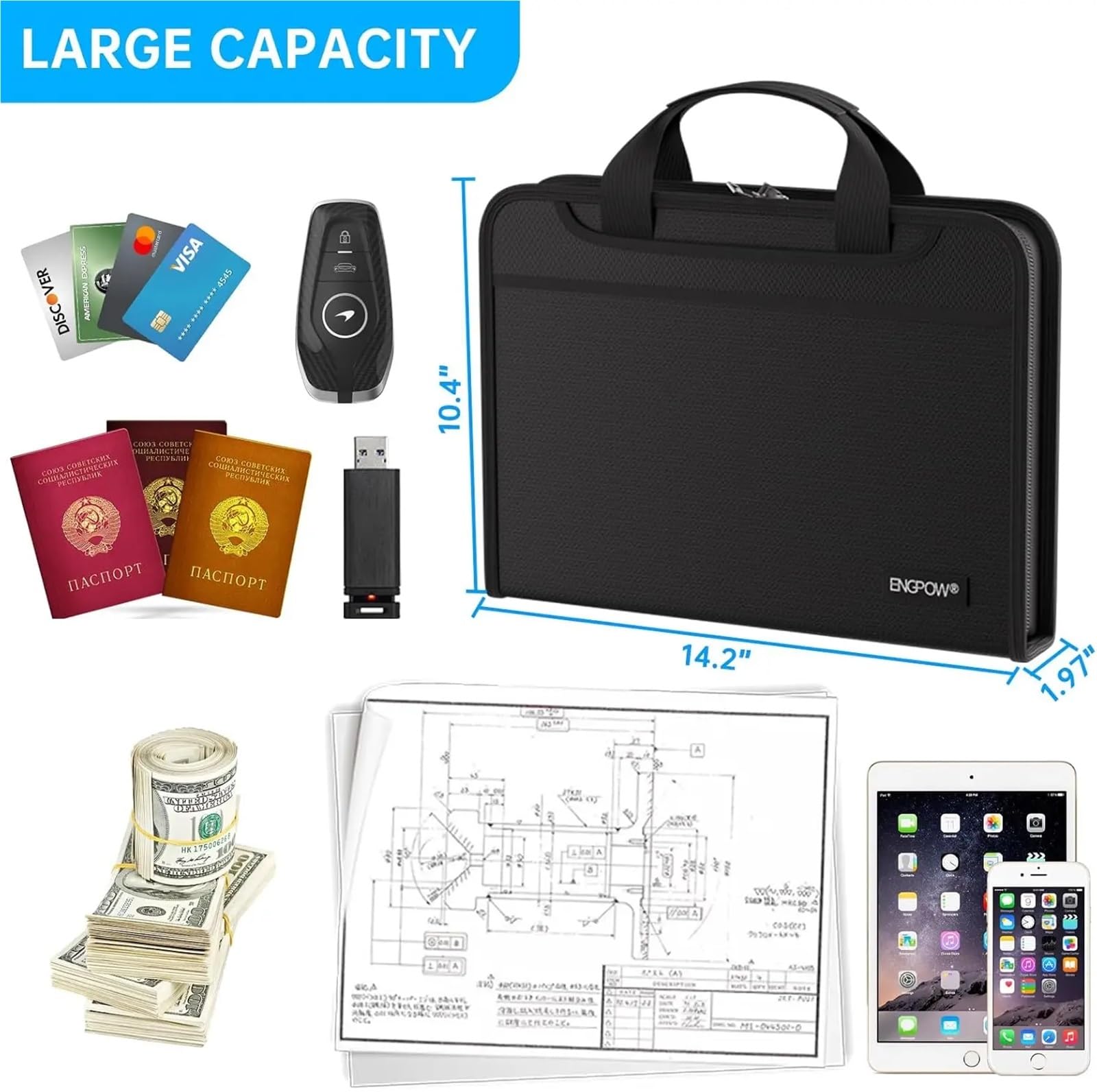 Classeur extensible ignifuge 13 poches pour documents A4 - Noir