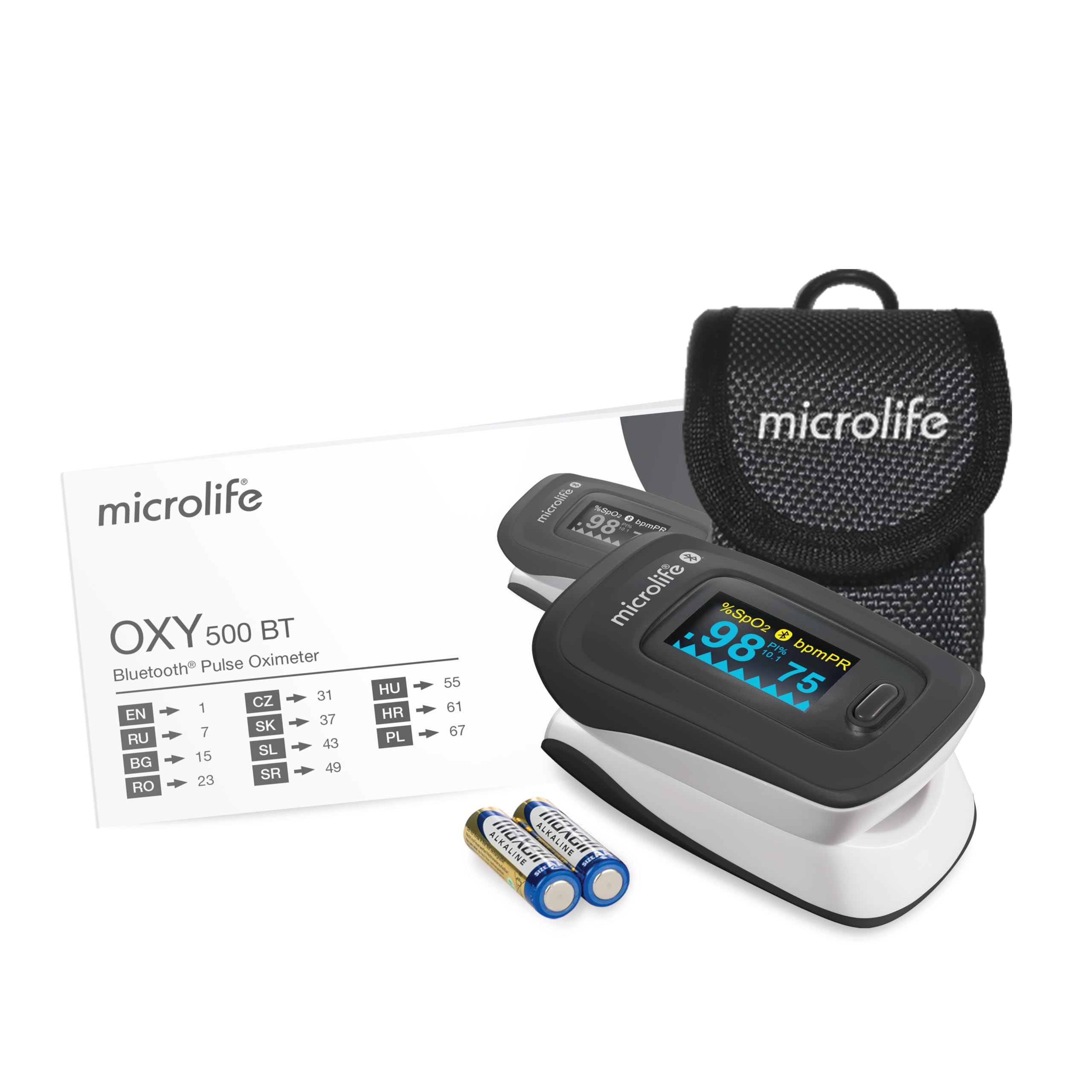 Microlife OXY500 BT Oxymètre Pouls Connecté, Garantie 5 ans, Qualité Professionnelle, Bluetooth, Validé Cliniquement, Saturation en Oxygène (spO2), Alerte risque, Réglage Affichage/Luminosité