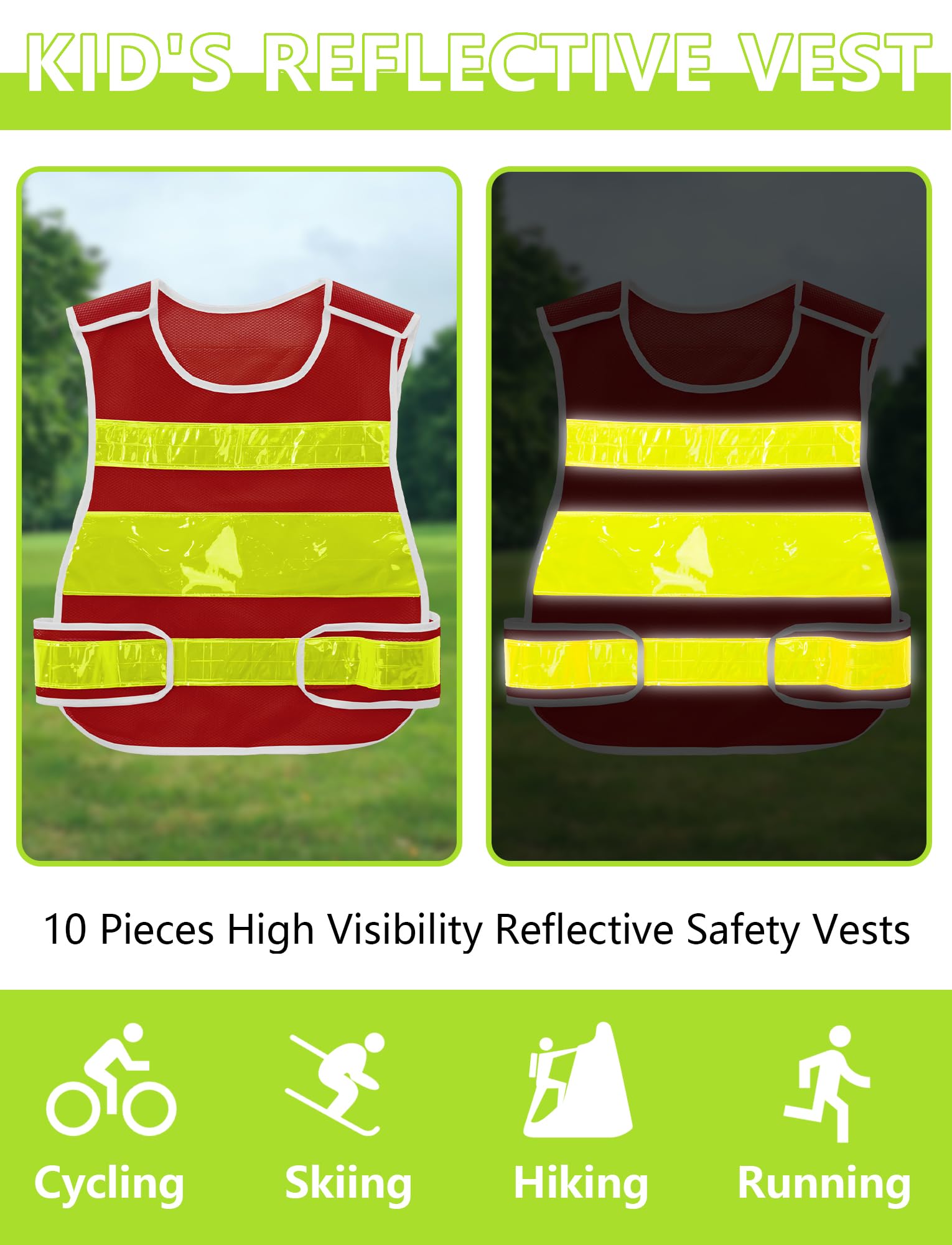 Happy Cherry Chaleco de seguridad reflectante de malla para niños, chaleco de cintura ajustable de neón fluorescente, chaleco de alta visibilidad