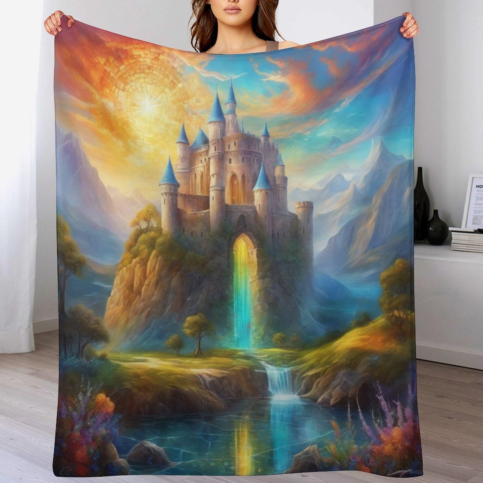 Couverture motif château 100x130 en polaire de flannel pour lit et canapé