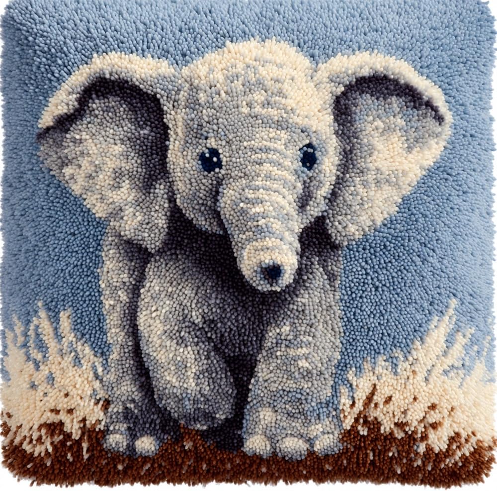 FWRTYCB Latch Hook Pillow Kit,Baby Elephant DIY Needlework Pillow Cover