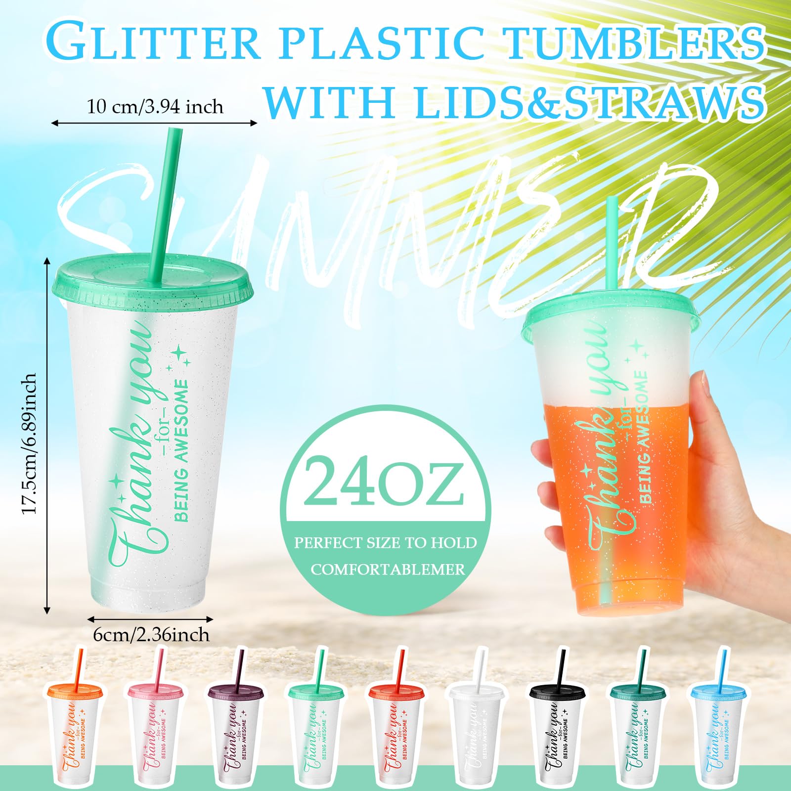 Dandat Lot de 36 gobelets colorés réutilisables en plastique avec couvercle et paille - Cadeau de remerciement pour collègue, enseignant, employé - 710 ml (transparent)
