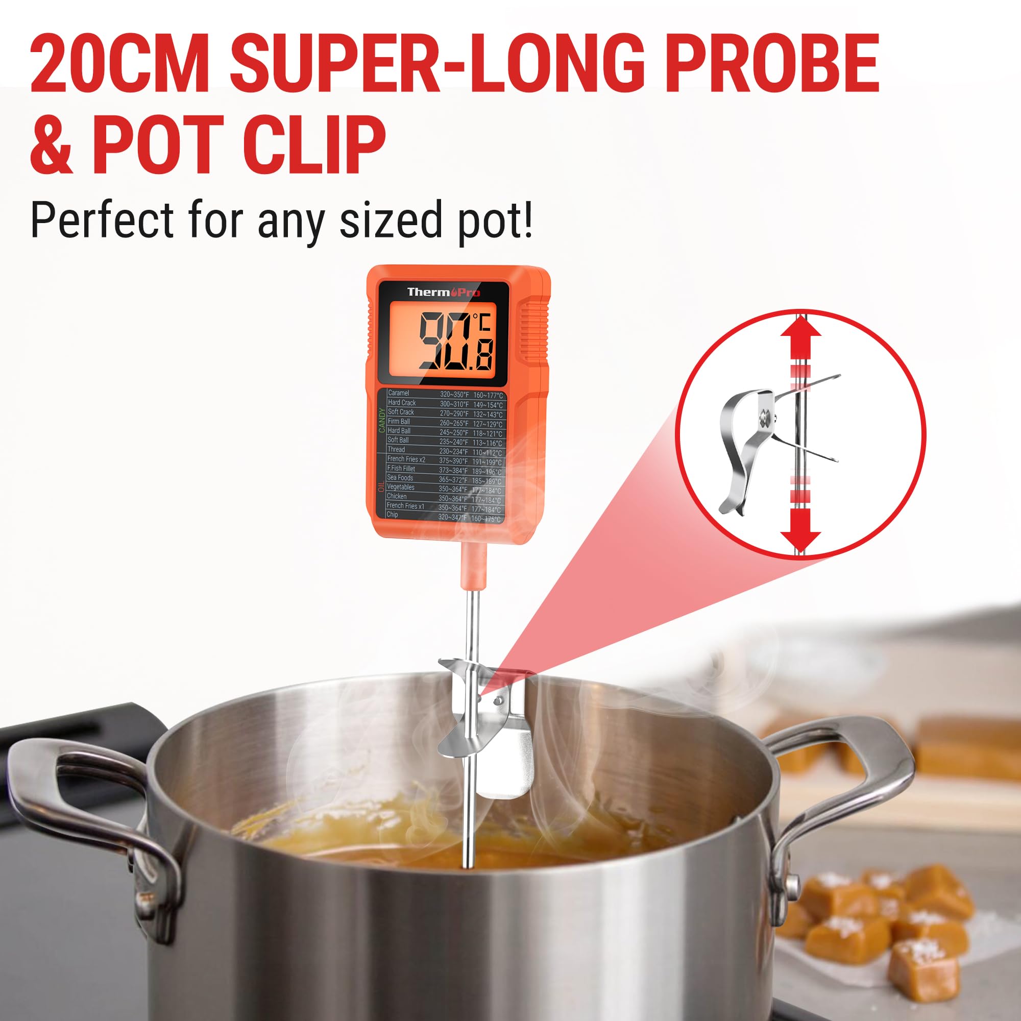 ThermoPro TP 510 Termometro Digitale Impermeabile per Caramelle con Clip per Pentola Termometro per la Cottura di Cibi a Lettura Istantanea per Grigliate Barbecue, Olio, Liquido