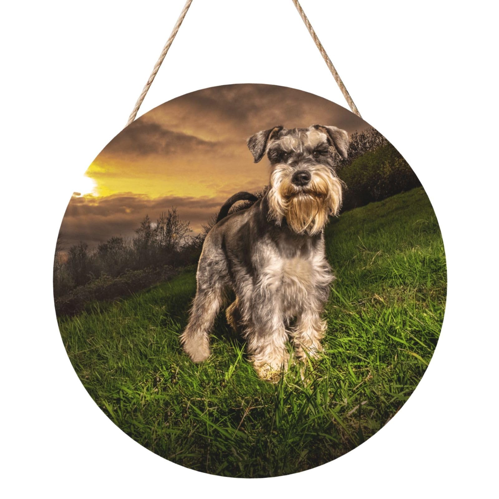 InOmak Schnauzer Sunset Dogs Pets Mountains Schnauzer, Round Wood Panel Painting 12 in, Wall Hanging Painting For Home