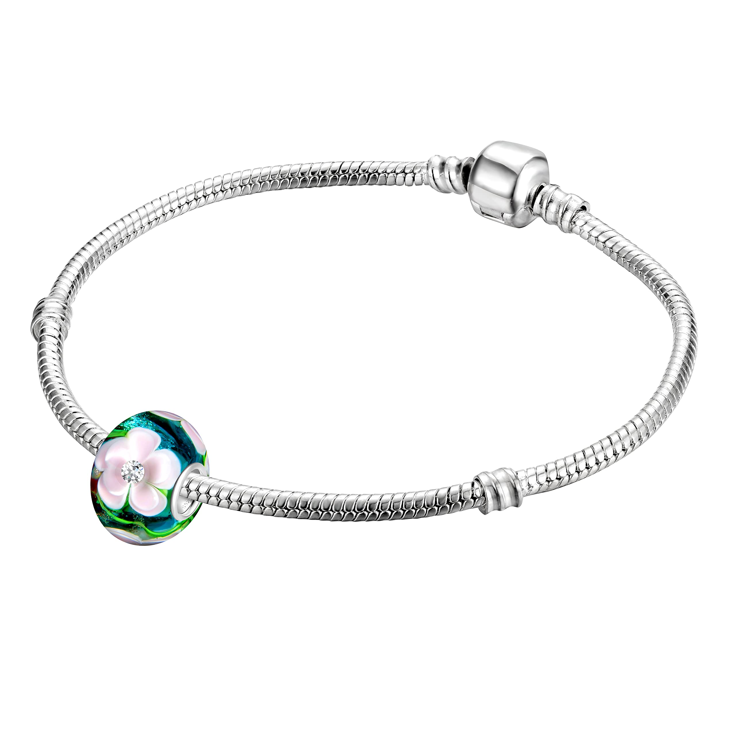 Andante-Stones - Original, Plata de Ley 925 sólida, Cuenta de Cristal de la Serie Sealife, de Color Turquesa-arándano, circonia Rosa, Elemento Bola para Cuentas European Beads + Saco de Organza