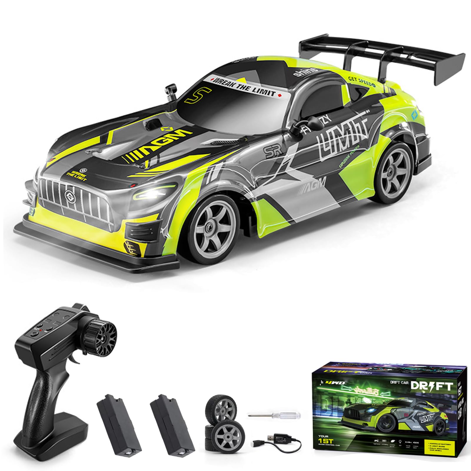 Hylukon RC Drift Car, 4WD 2.4GHz High Speed Racing Car with Cool Lights, Extra Racing Tires, 1/16 Fast RC Cars Gifts for Adults 2 Rechargeable Battery