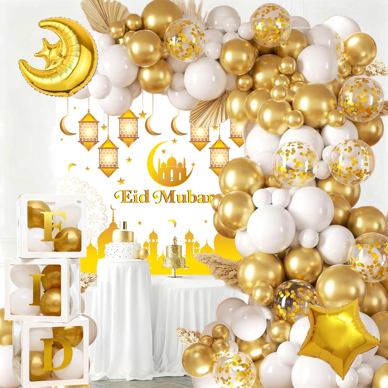 EID Mubarak Decorations for Home, 107Pcs White and Gold Ramadan Decoration Balloons with Moon Star Balloon, EID Background Banner and Boxes for Umrah, Umrah Mubarak Decoration for Ramadan Decorations