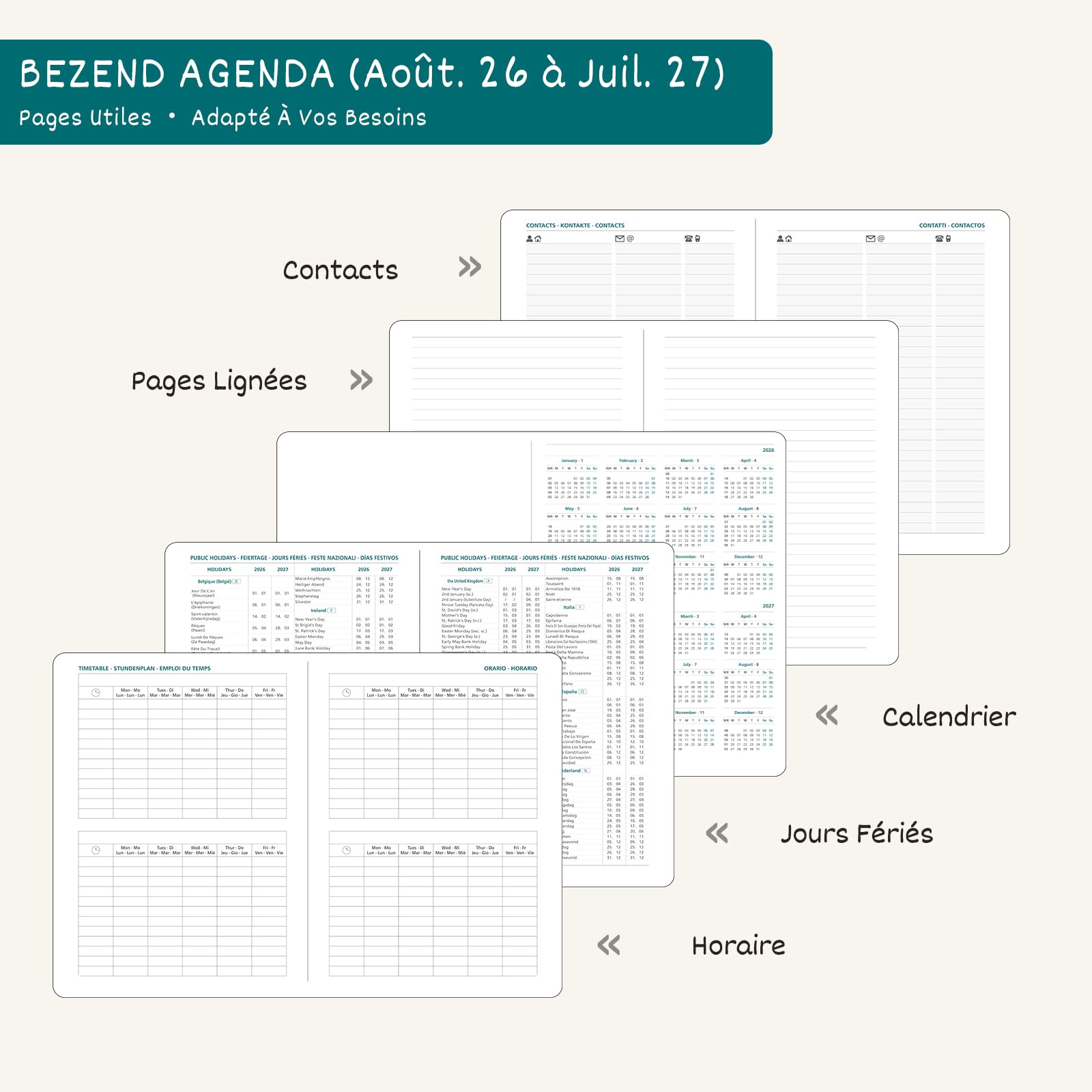 BEZEND Agenda 2026 2027 A4 Journalier 28 x 22 cm 12 Mois De Août. 2026 à Juil. 2027, Agenda Scolaire avec Intervalles de 30 Minutes, Porte-Stylo Fixe, Couverture Rigide en Cuir PU, Bleuet