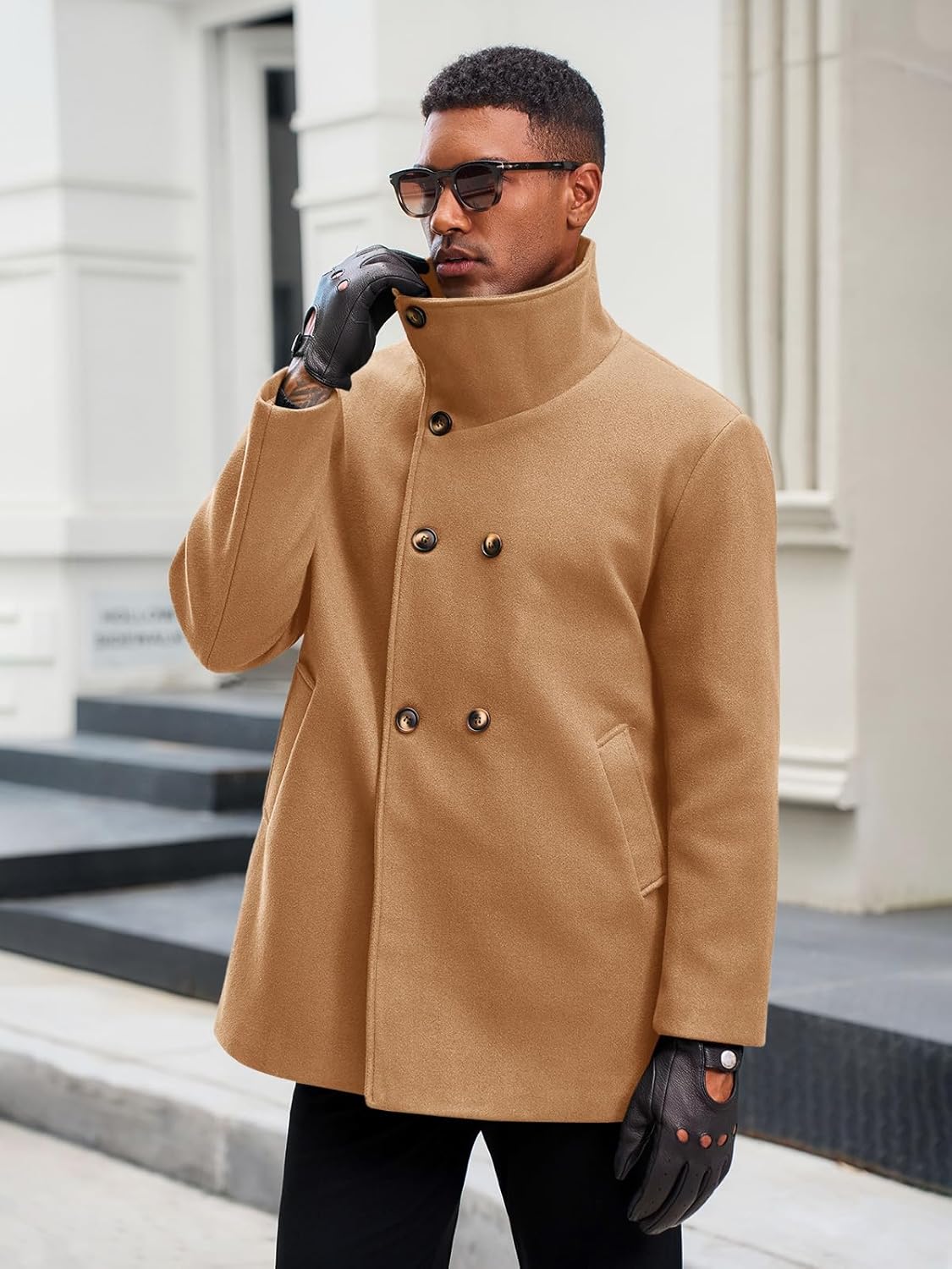 Yousify Mens Trench Coat Double Breasted Stand Collar Overcoat Casual Winter Warm Business Short Pea Coat - Image 2