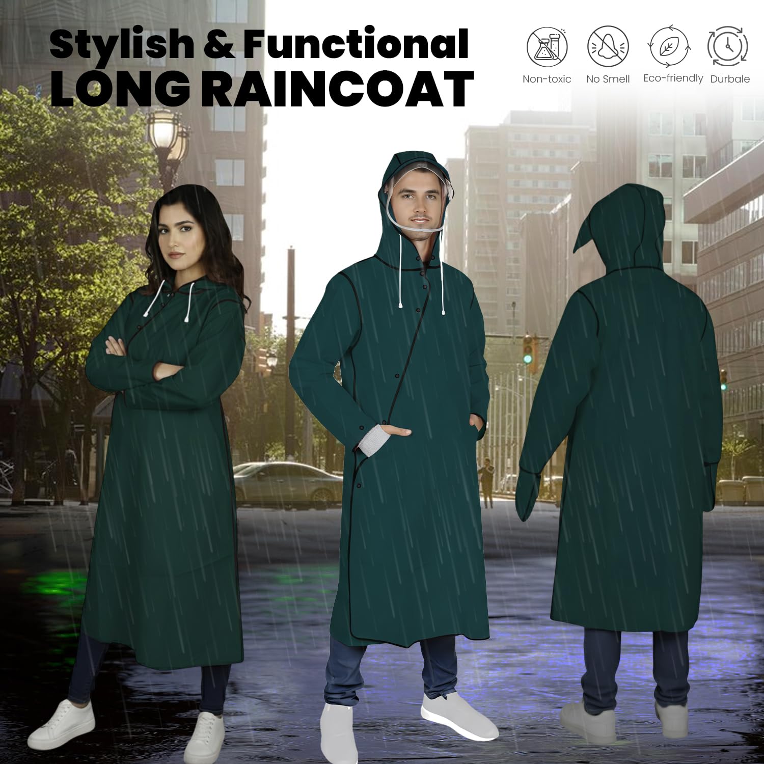Hacer Unisex Rain Poncho 410GSM with Adjustable Hood Full Sleeves Waterproof Lightweight Outdoor Bike Raincoat for Men & Women Camping Hiking and Travelling (XL, Green) 1
