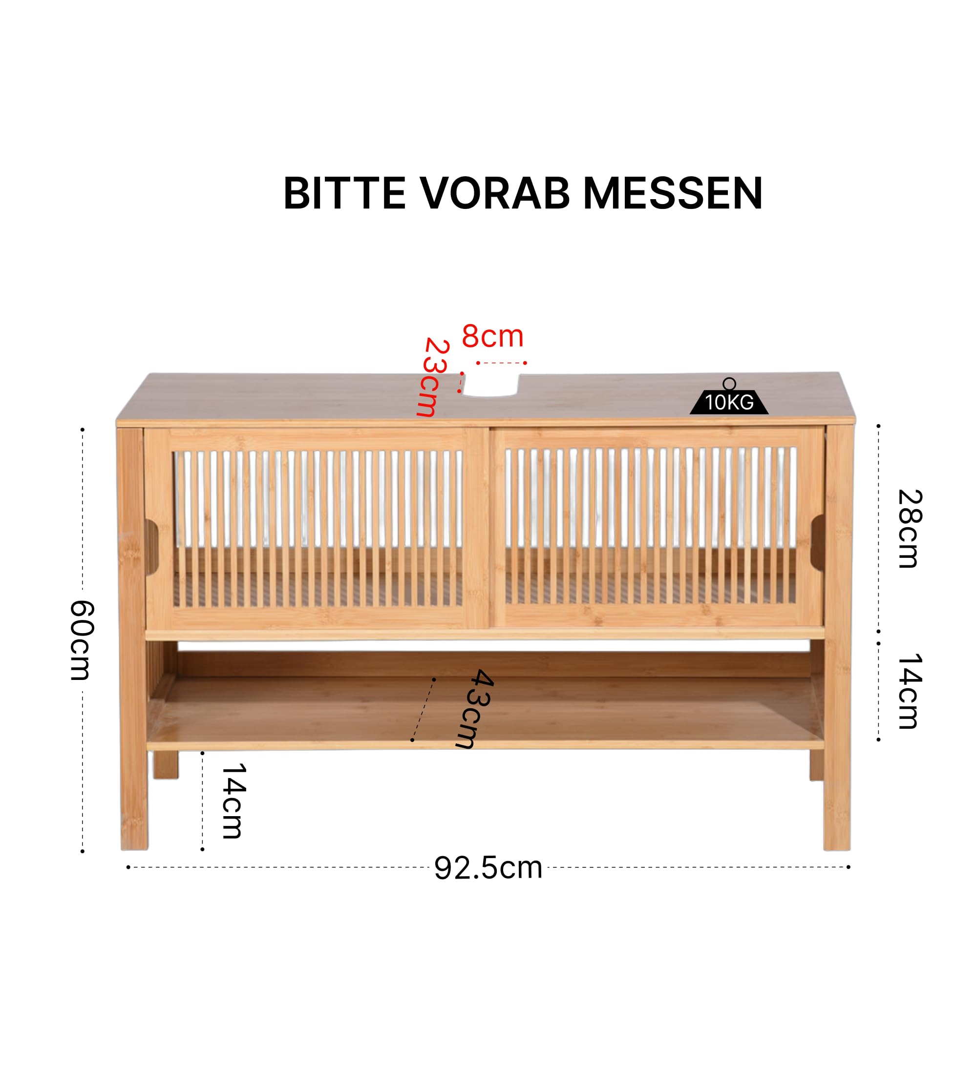 Meuble sous-lavabo 100 cm de large – Meuble de salle de bain en bambou avec portes coulissantes, meuble sous-lavabo naturel avec compartiment ouvert, meuble sous-vasque 100x45x60 cm