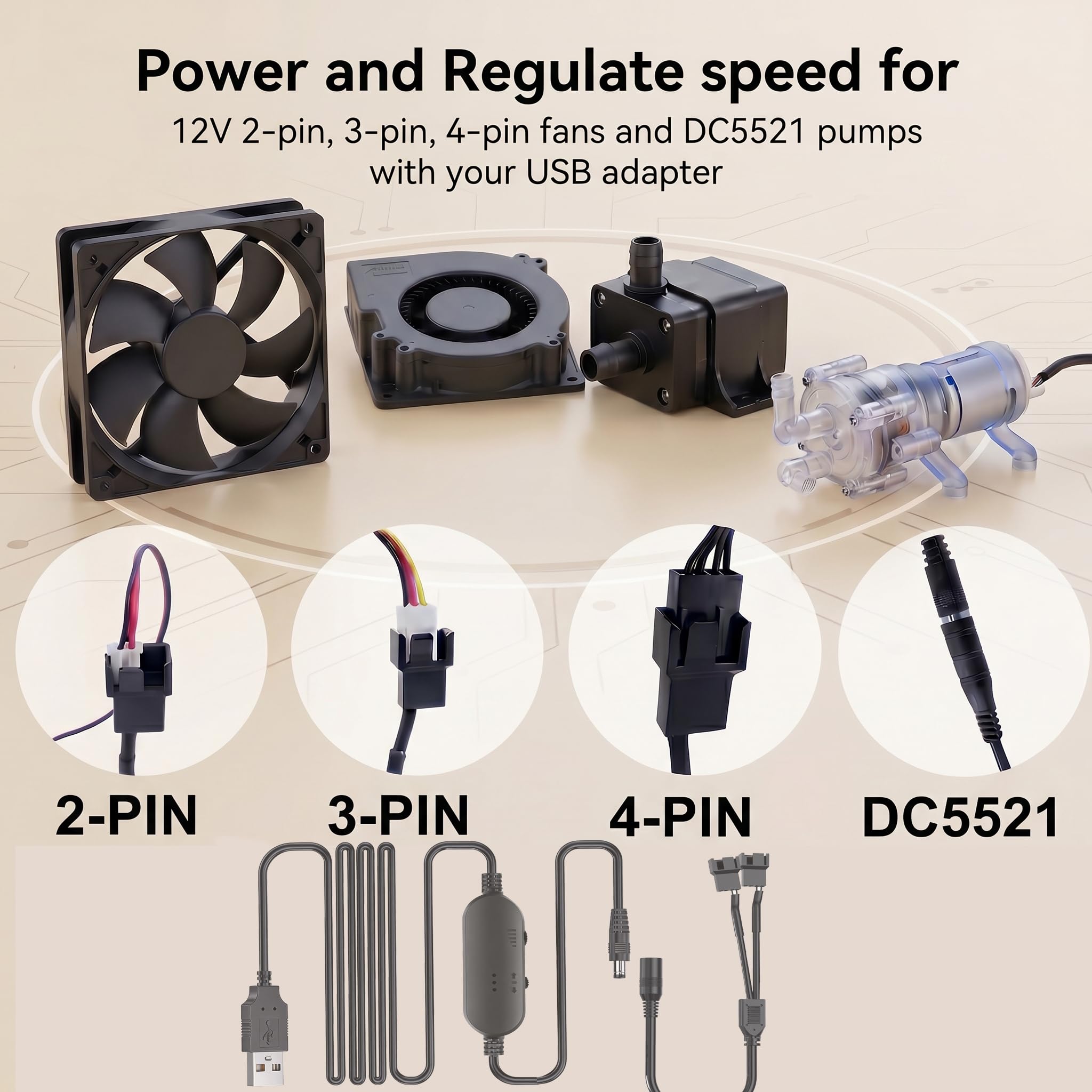 Delinx 8 W DC 12 V PC-Kühlerlüfter, Geschwindigkeitsregelung, USB auf Dual 3-polig, 4-poliges Lüfter-Netzadapterkabel, DC 5 V, Step-up, 5–12 V verstellbar, mit 2-Wege-Splitterkabel