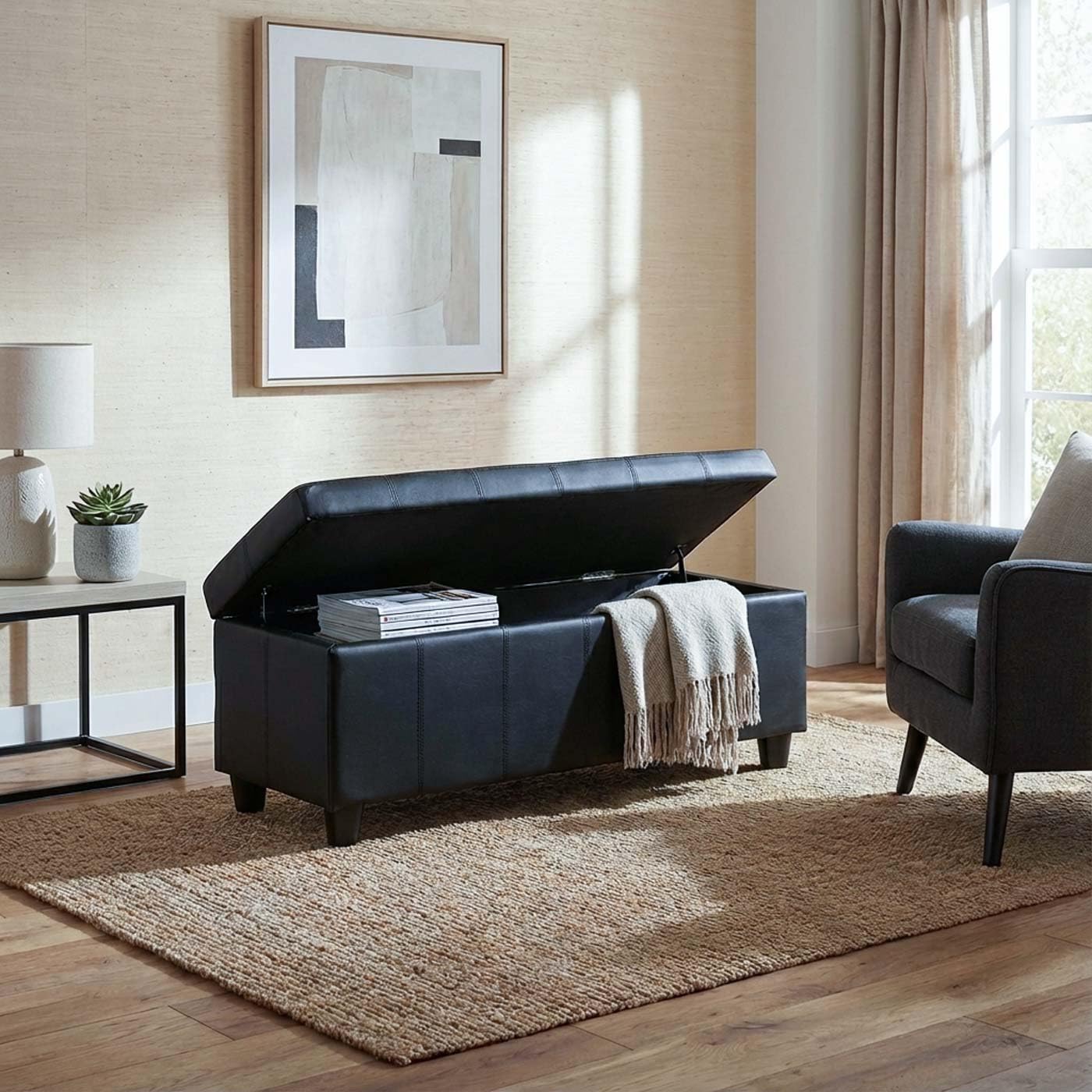 Mendler Banc/Banquette/Coffre de Rangement Kriens, 114x45x45cm, Similicuir - Noir Mat