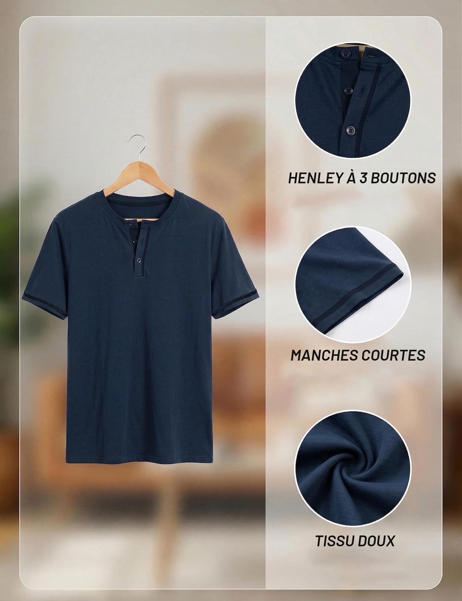 Tee Shirt Homme en Coton Henley T-Shirt avec Manches Courtes Col Tunisien à Boutons Décontracté Basique S-3XL