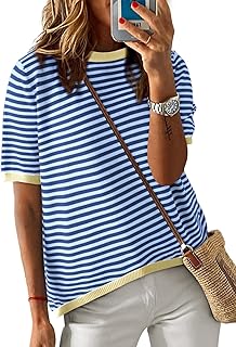 Dokotoo Womens Summer Tops Casual Crewneck Short Sleeve Striped Color Block Knitted High Low Trendy Pullover T Shirts Blouse