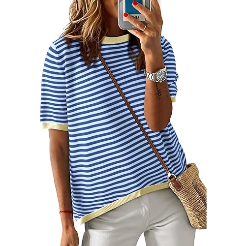 Dokotoo Womens Summer Tops Casual Crewneck Short Sleeve Striped Color Block Knitted High Low Trendy Pullover T Shirts Blouse
