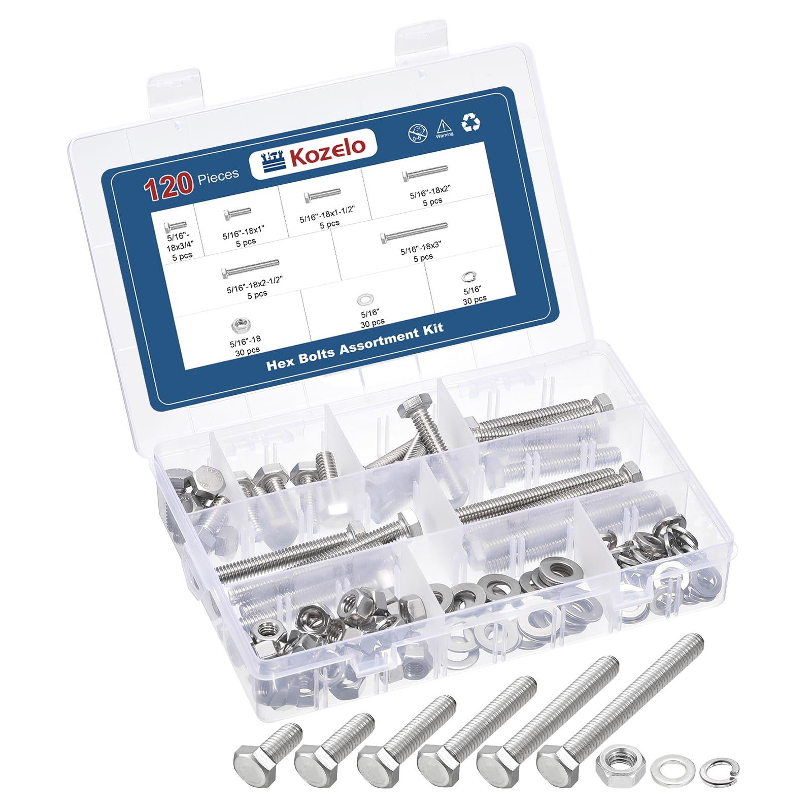 Kozelo 120 Pcs Bolts and Nuts Washers Kit - [5/16"] 304 Stainless Steel Hex Tap Bolt Assortment Fully Threaded Hexagon Head Machine Bolts Right Hand External Hex Drive, Silver Tone — image 1