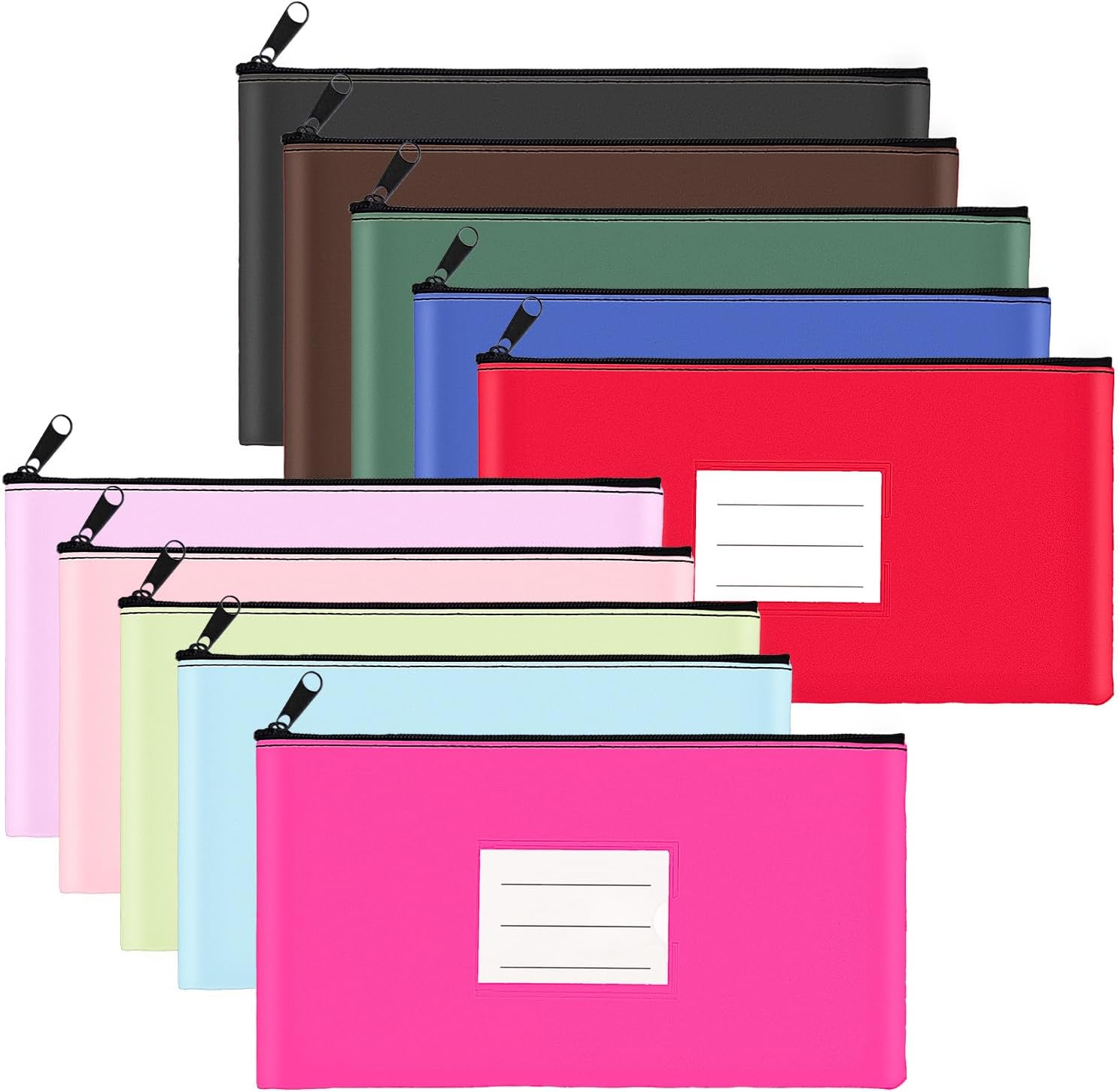10-Pack Money Bags with Zipper, PU Leather Cash Pouches with Label, 11 x 6 Inches, Bank Deposit Bag for Coins, Bills, Checks, Invoices, Cosmetics, Tools, 10 colors