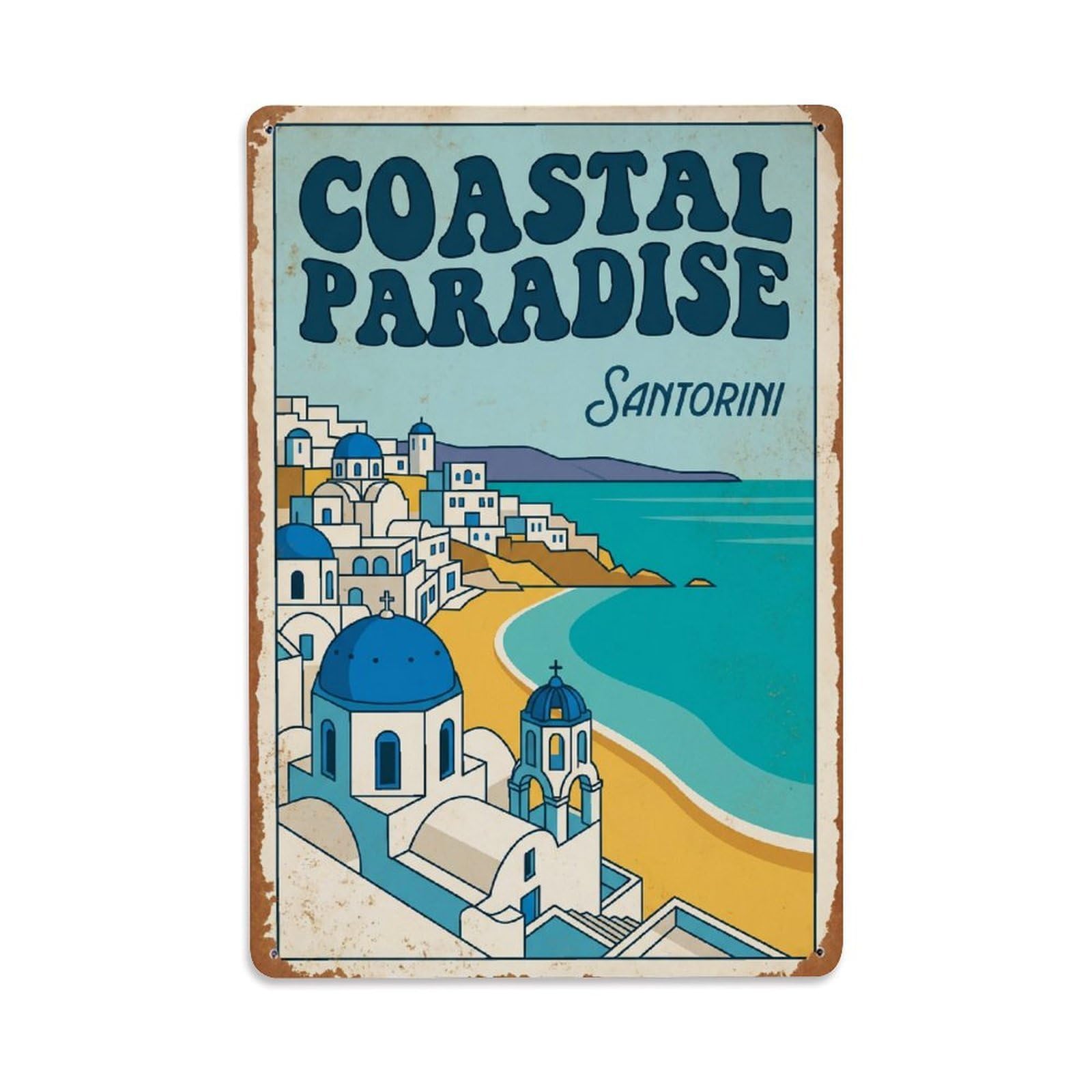 Gead 8X12inch Style Vintage Travel Santorini Coastal Paradise Metal Tin Sign