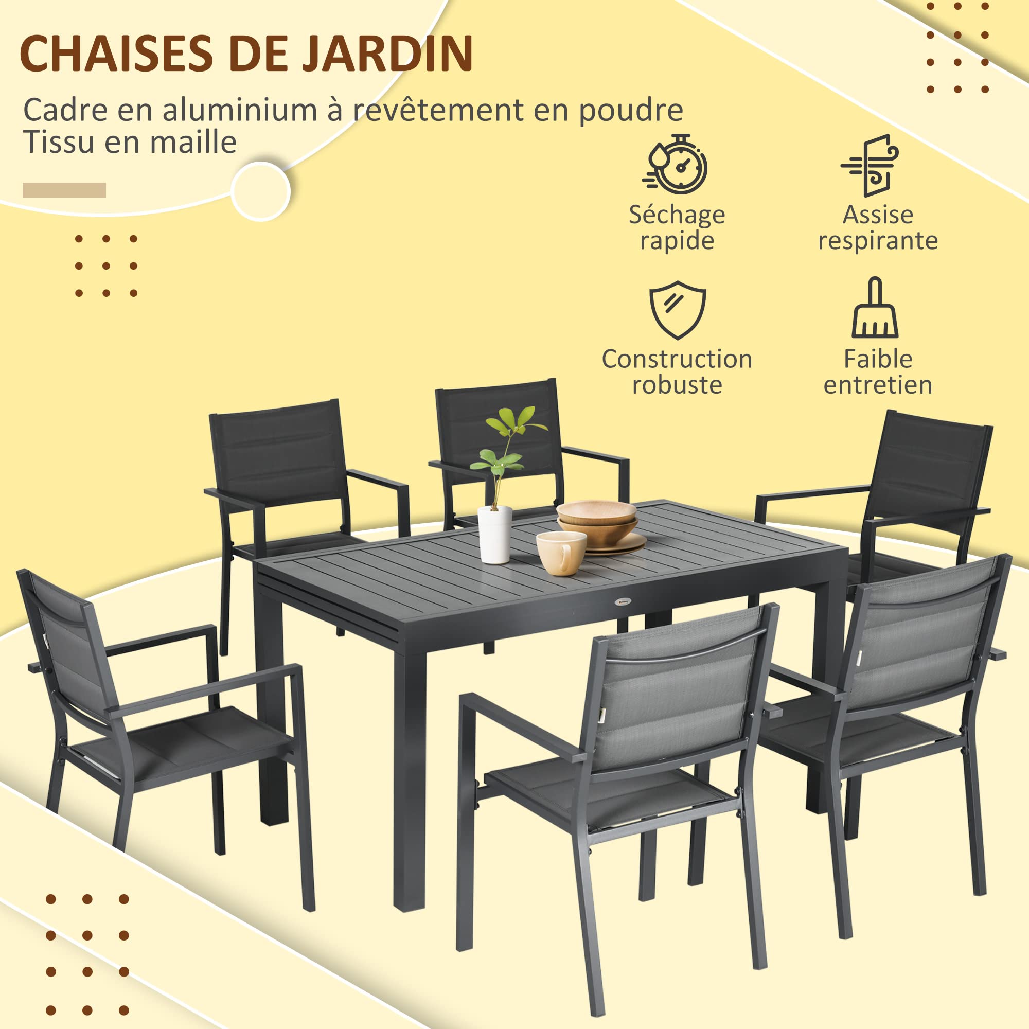 Outsunny Salon de Jardin Exterieur 8 Personnes Table de Jardin Extensible 135-270 cm pour 6-8 Personnes en Aluminium et textilène - 8 chaises empilables - Gris