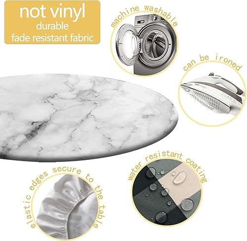Miniatura 2 de SongYi Mantel redondo ajustable de mármol, borde elástico con patrón de líneas de piedra y rayas, mantel impermeable lavable para bodas/cenas, se
