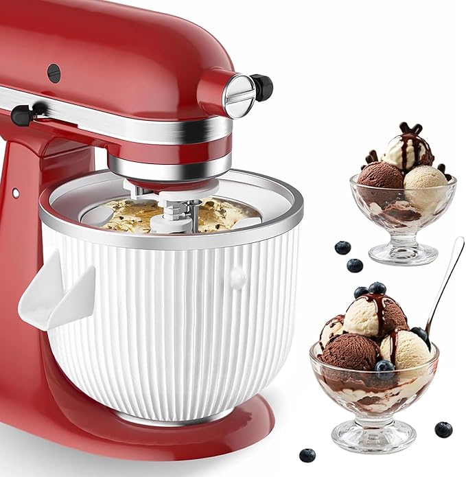 Ice Cream Maker Attachment for KitchenAid, Fits KitchenAid 4.5/5QT & 6QT Mixers, Frozen Ice Cream & Sorbet Gelato Maker, 2 Quart, White