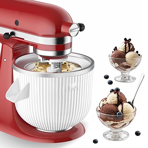 Ezato Ice Cream Maker Attachment for KitchenAid, Fits KitchenAid 4.5/5QT & 6QT Mixers, Frozen Ice Cream & Sorbet Gelato Maker, 2 Quart, White