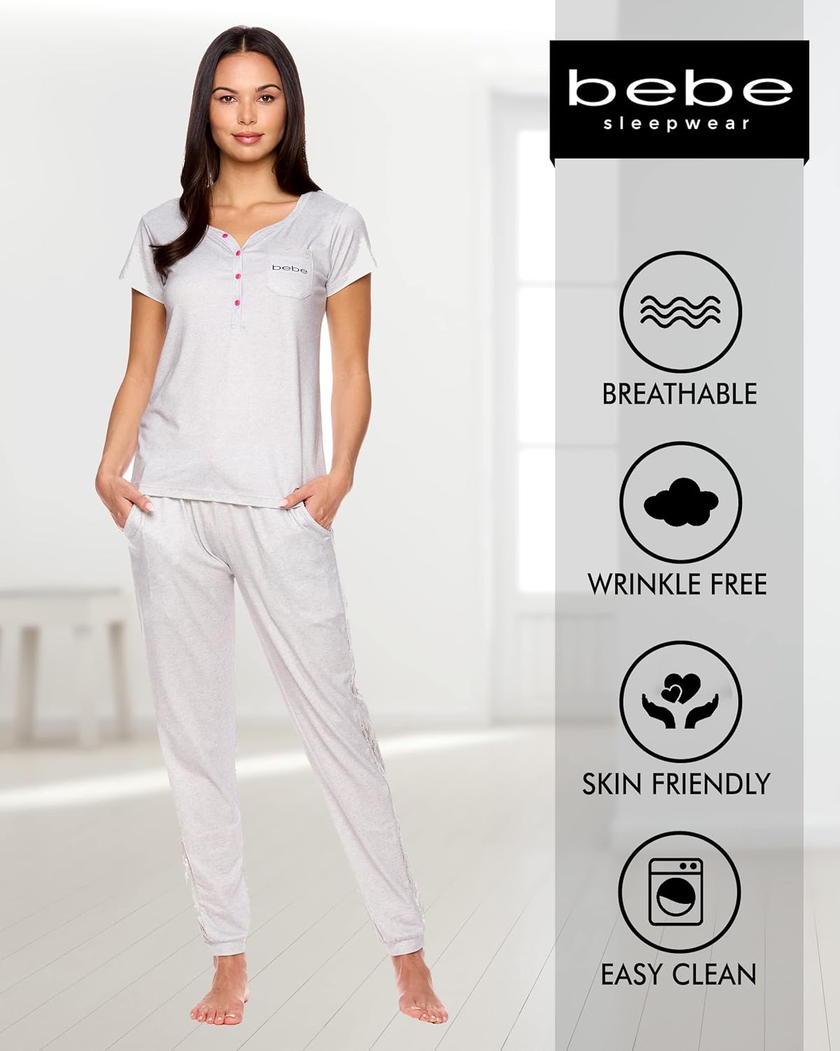 bebe Womens Pajama Set, Short Sleeve Shirt with Lace Jogger PJ Pants Lounge Sets for Women - Image 5