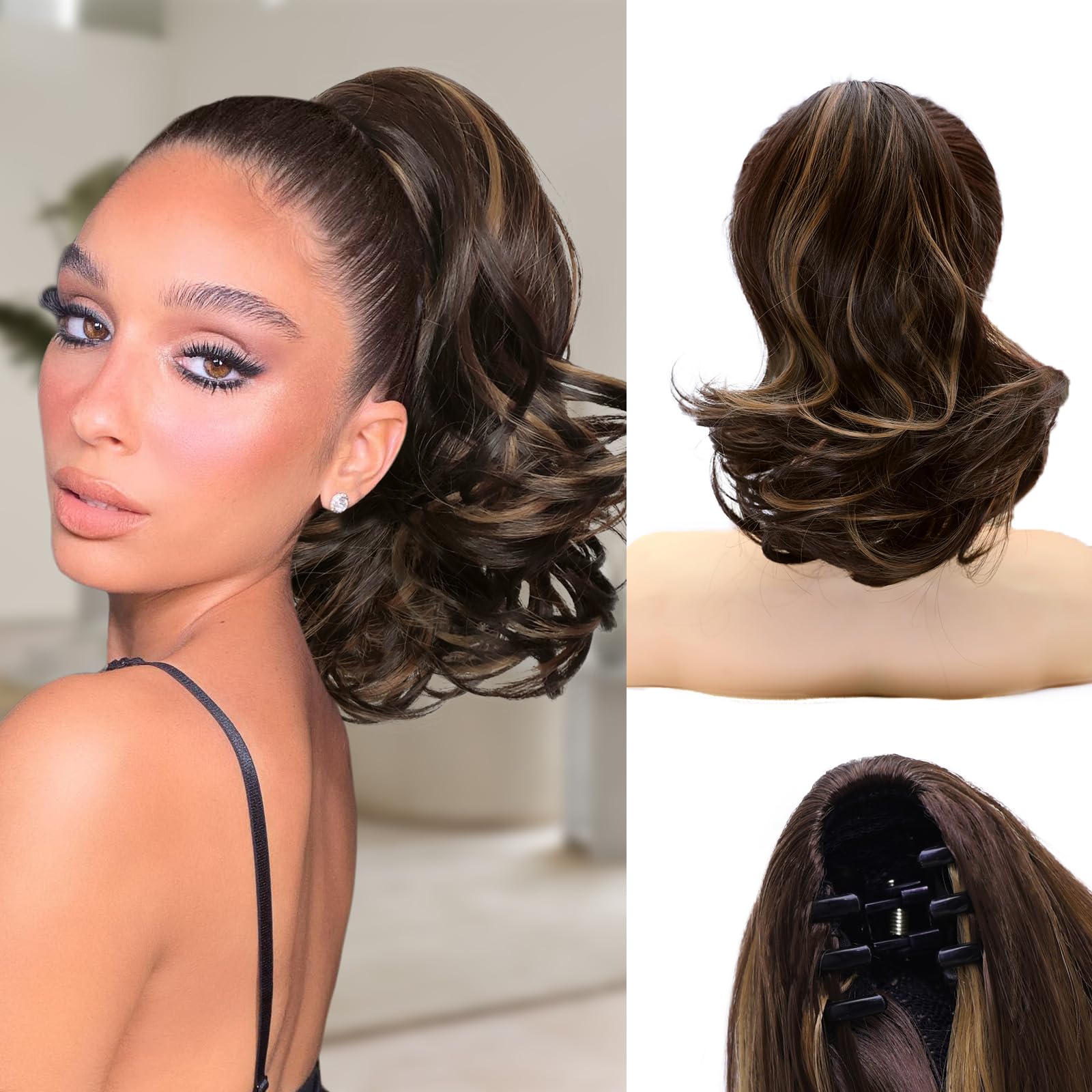 NAYOO Claw Clip Ponytail Extension Brown 12" Short Wavy Ponytail Clip in Hair Extensions for Women Curly Natural Layered Pony Tails for Short Thin