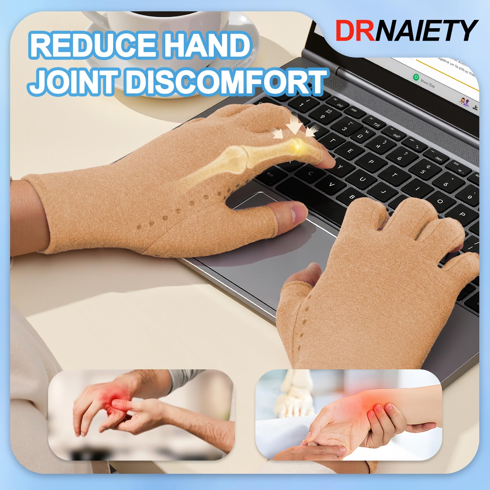DRNAIETY 2 pares de guantes de compresión, guantes de artritis para hombres y mujeres, antideslizantes, sin dedos, para escribir en el trabajo diario