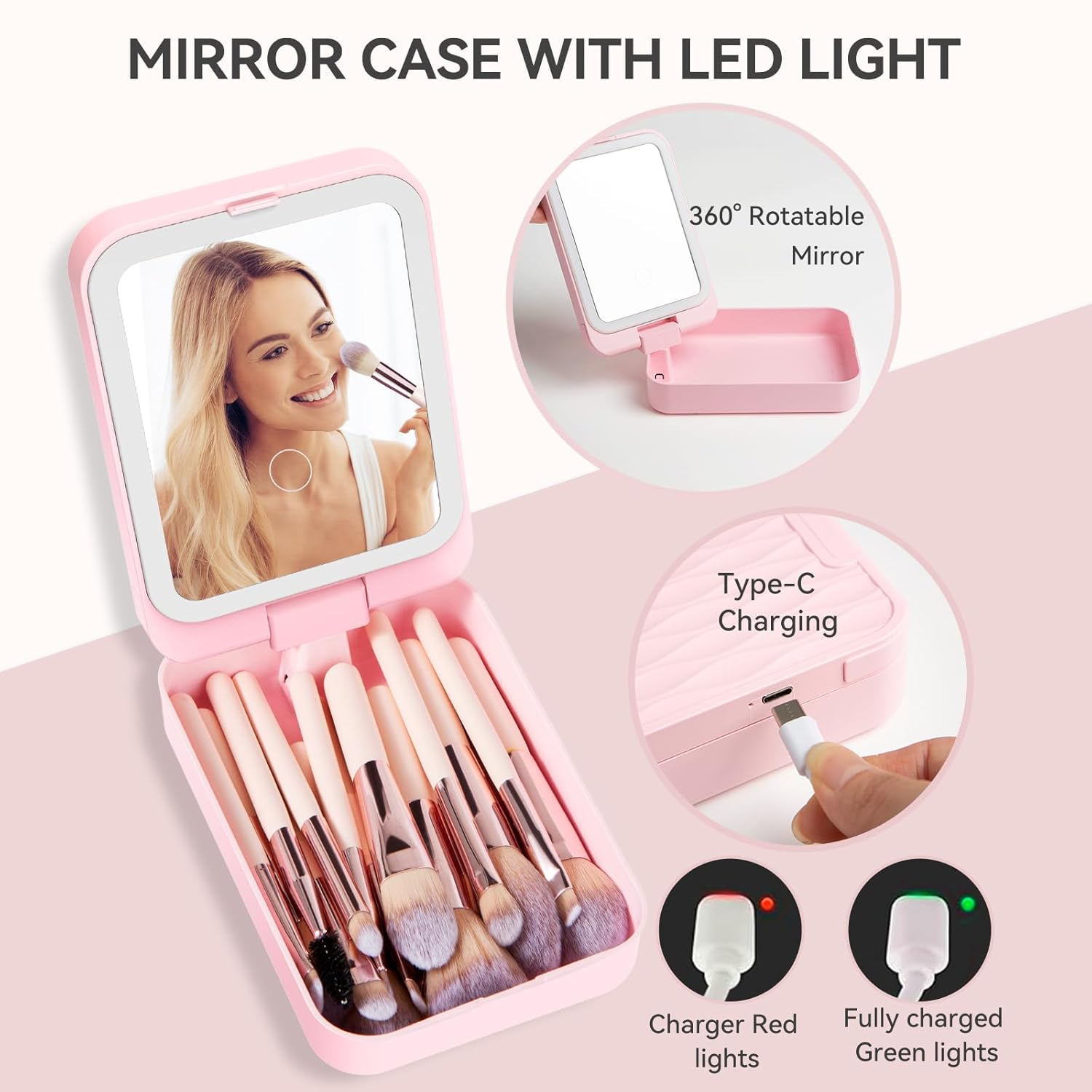 Trendy Teen Girl Gifts – Travel Makeup Brush Set with LED Light Mirror, Perfect Tween Birthday Gifts for Girls 11-16+ year old(Pink) - Image 3
