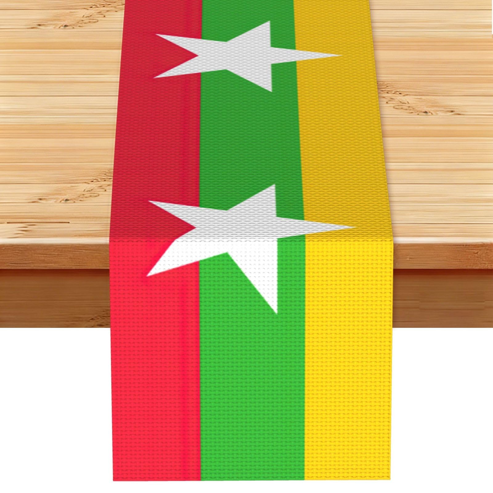 Flag of Myanmar Printed Table Runner 13 x 72, Wrinkle Resistant Decor for Dining Table Coffee Table Fireplace