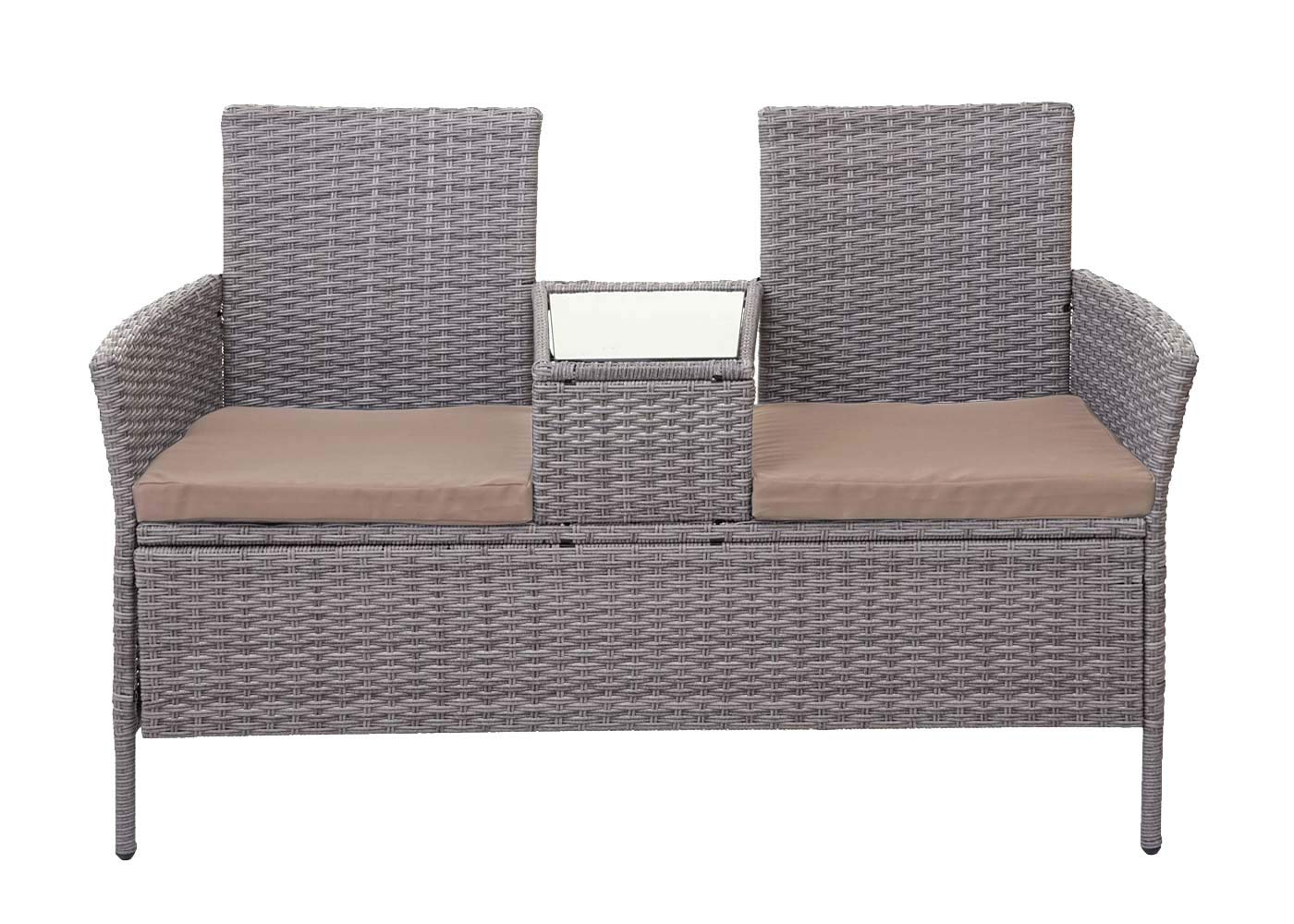 Mendler Poly-Rattan Sitzbank mit Tisch HWC-E24, Gartenbank Sitzgruppe Gartensofa, 132cm - grau, Kissen Creme