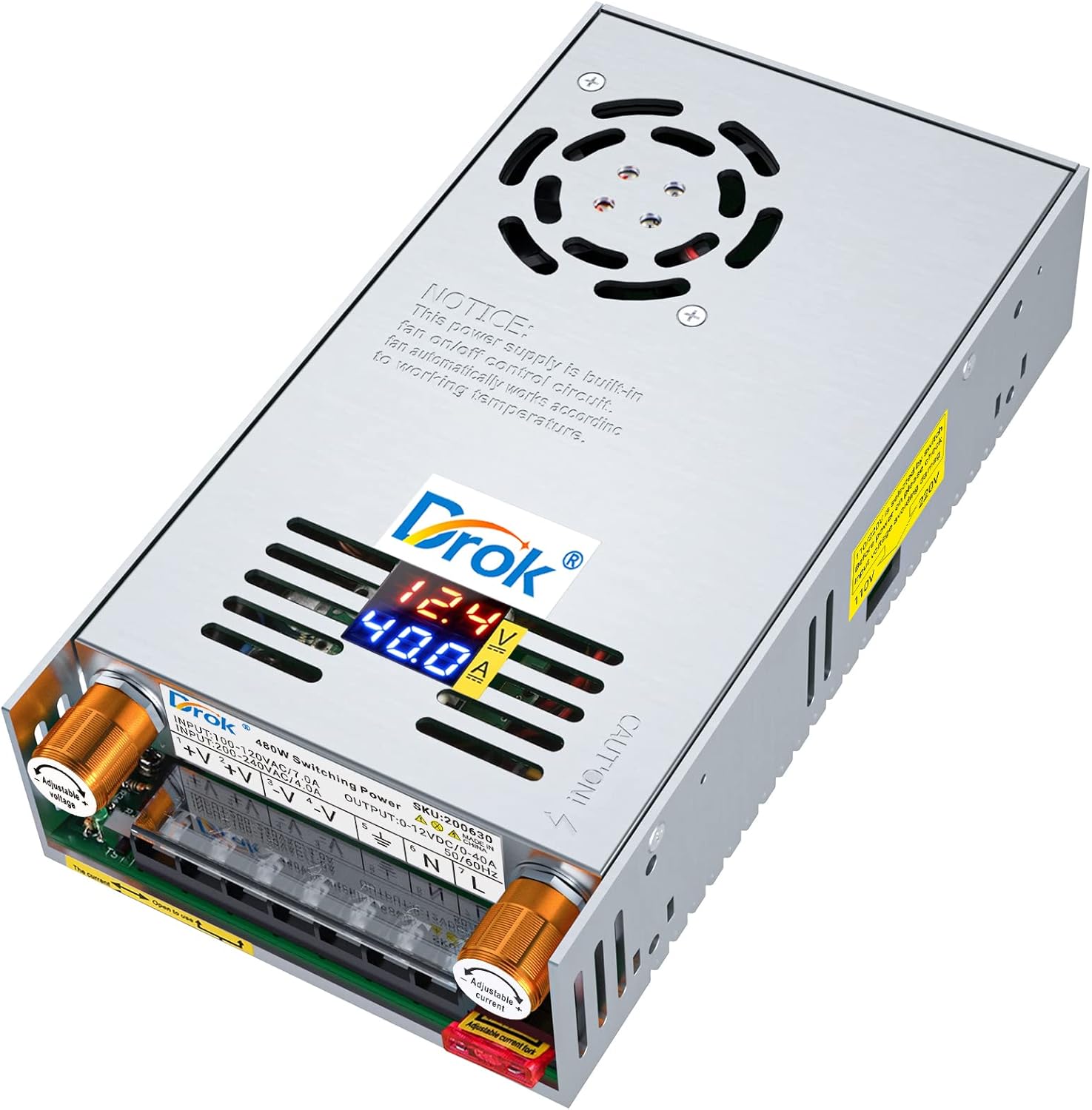 DROK 12V Power Supply, AC 110V 220V to DC 0-12V 0-40A 480W Buck Converter, Volt Amp Adjustable Adapter Regulated 5V 9V 12Volt Switching Voltage LED Transformer Charger for Computer CCTV Lab