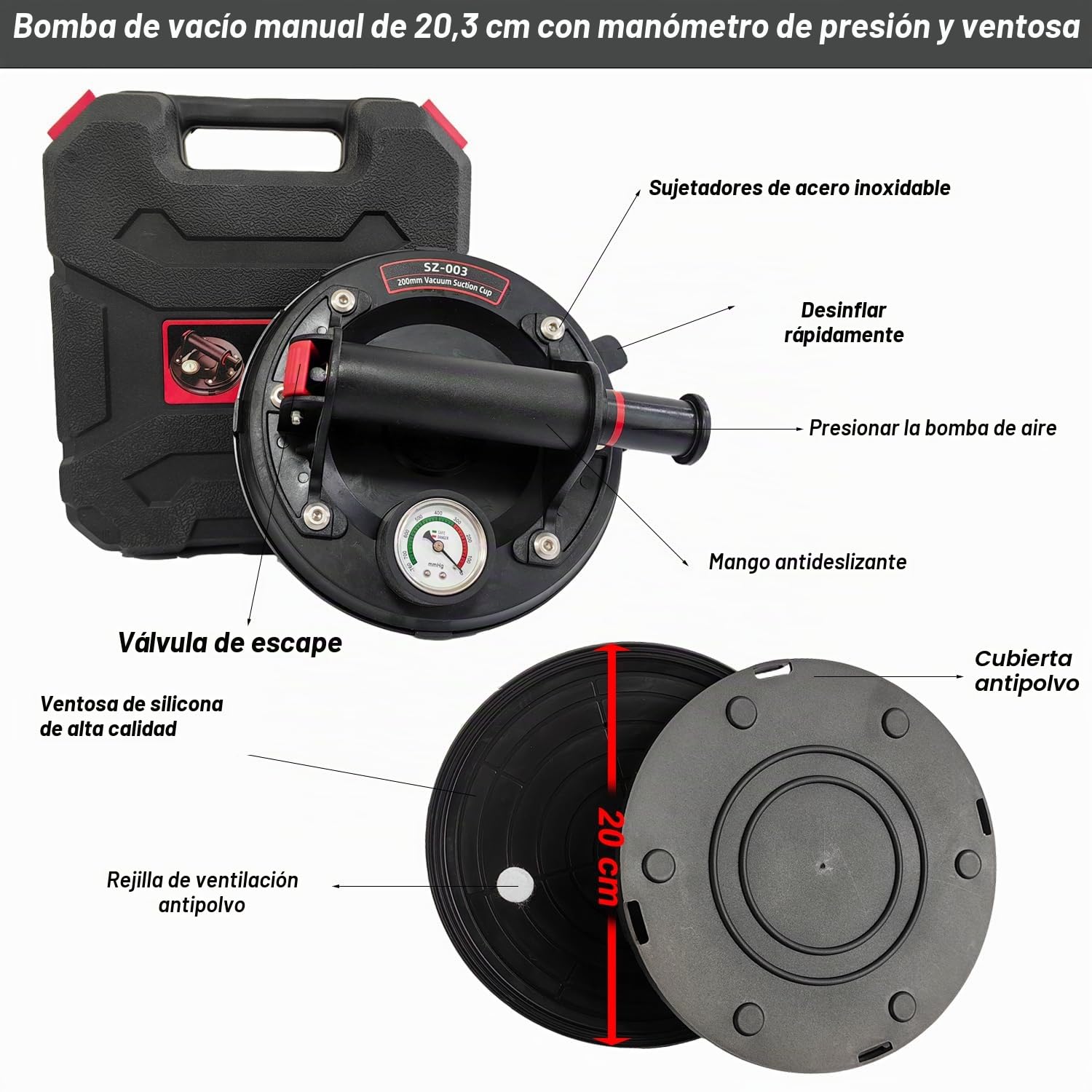 2PCS Ventosas para Cristal Elevador Vacío con Manómetro Bomba Mano Ventosas para Azulejos 8" Profesional Ventosas de Vacío Ventosa de Vidrio al Vacío con Caja Herramientas Capacidad Carga de 200kg