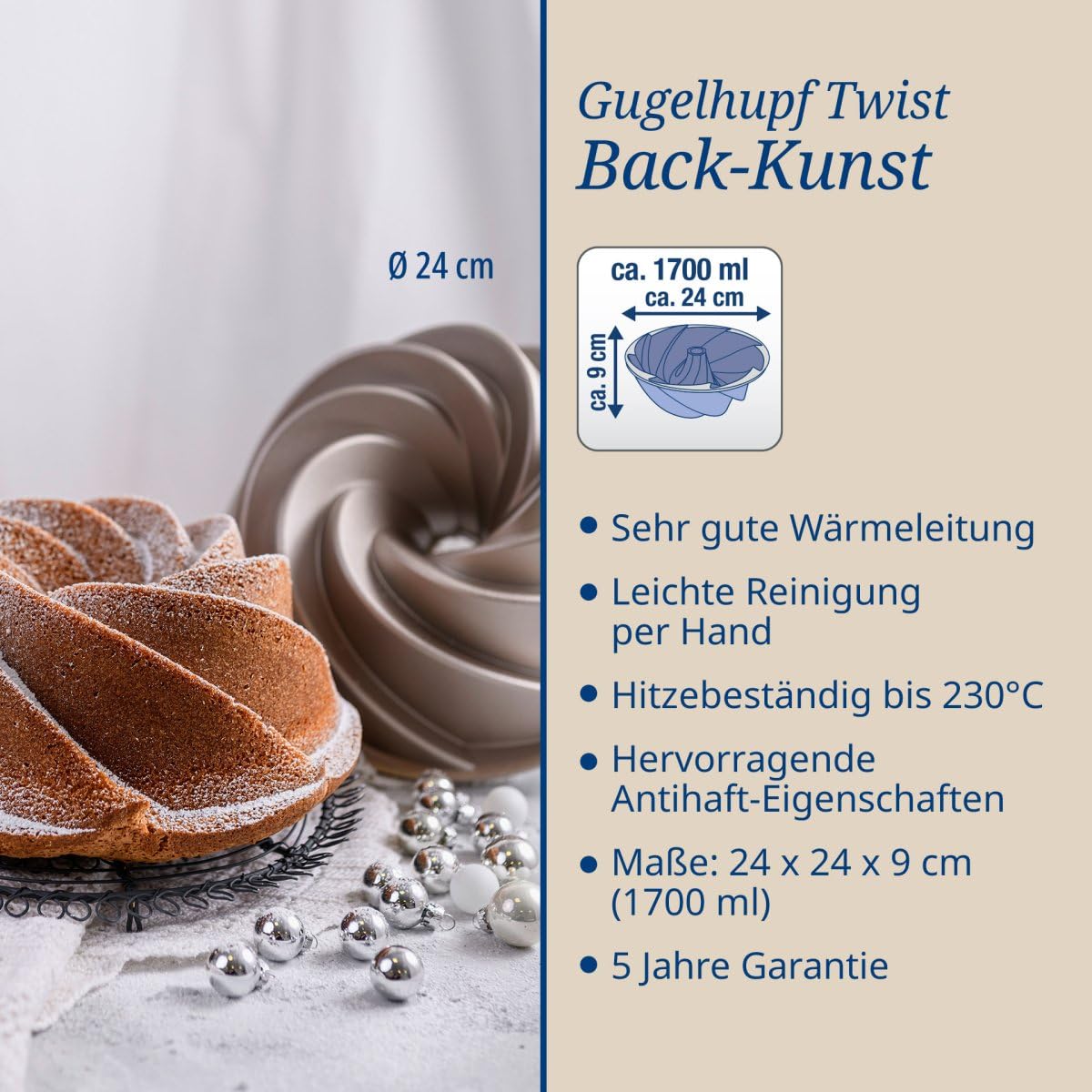 Dr. Oetker Guglhupf Twist ⌀ 22 cm – Gugelhupfform aus der Serie Back-Kunst – Backform mit Antihaft-Eigenschaften und sehr guter Wärmeleitung für leckeren Gugelhupf Kuchen