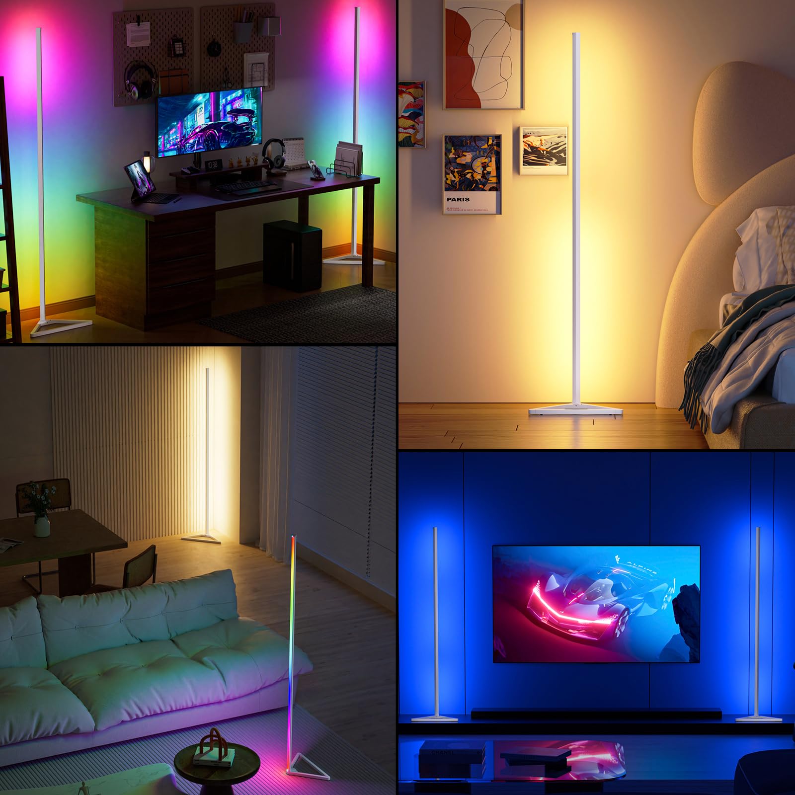 Lámpara de pie de esquina blanca, lámpara de esquina LED RGB inteligente con aplicación y control remoto, 16 millones de colores y más de 68 escenas, sincronización de música, ajuste de