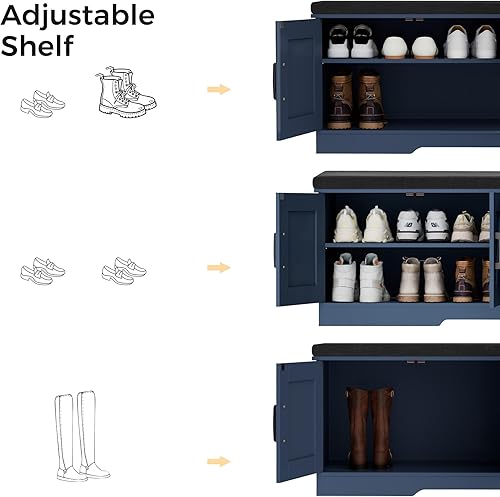 Miniatura 48 de Banco de almacenamiento de 2 niveles, banco de zapatos de 39.4 pulgadas de ancho con cojín de asiento acolchado, banco de entrada con 2 puertas de