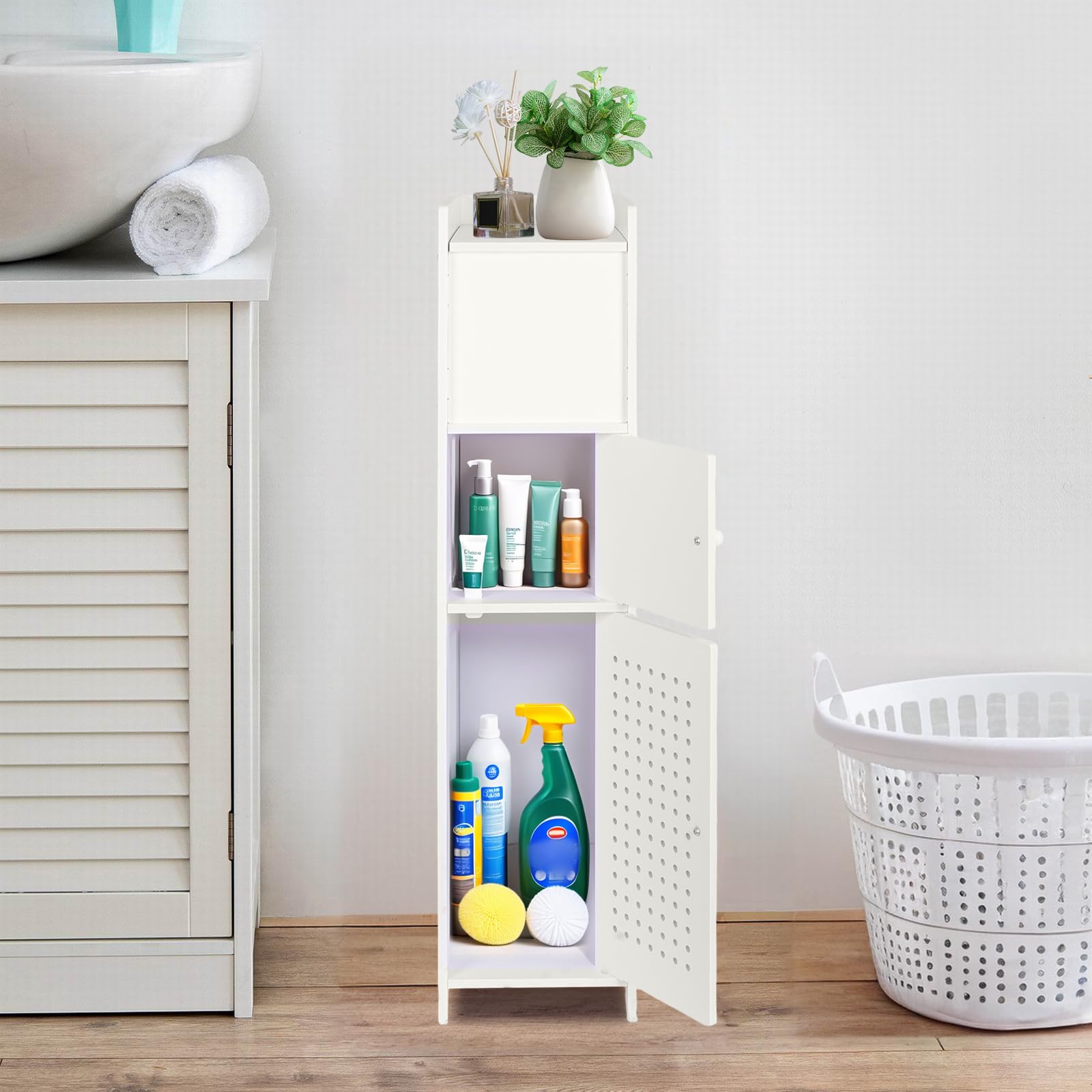 powerking Soporte para papel higiénico, pequeño armario de almacenamiento de baño blanco con puertas, armario de almacenamiento de baño delgado para espacios pequeños de esquina en el suelo