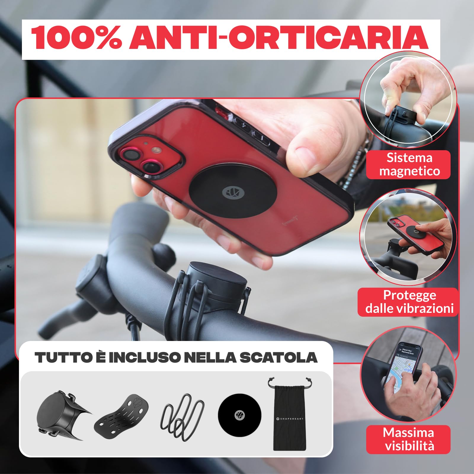 Shapeheart Porta Cellulare Bici Magnetica con Piastra Metallica Adesiva | Adesiva per cover lisce | Manubrio/potenza 20–50 mm | Attacca e stacca in 2 s | Ultrafine 1,5 mm | Per ogni telefono